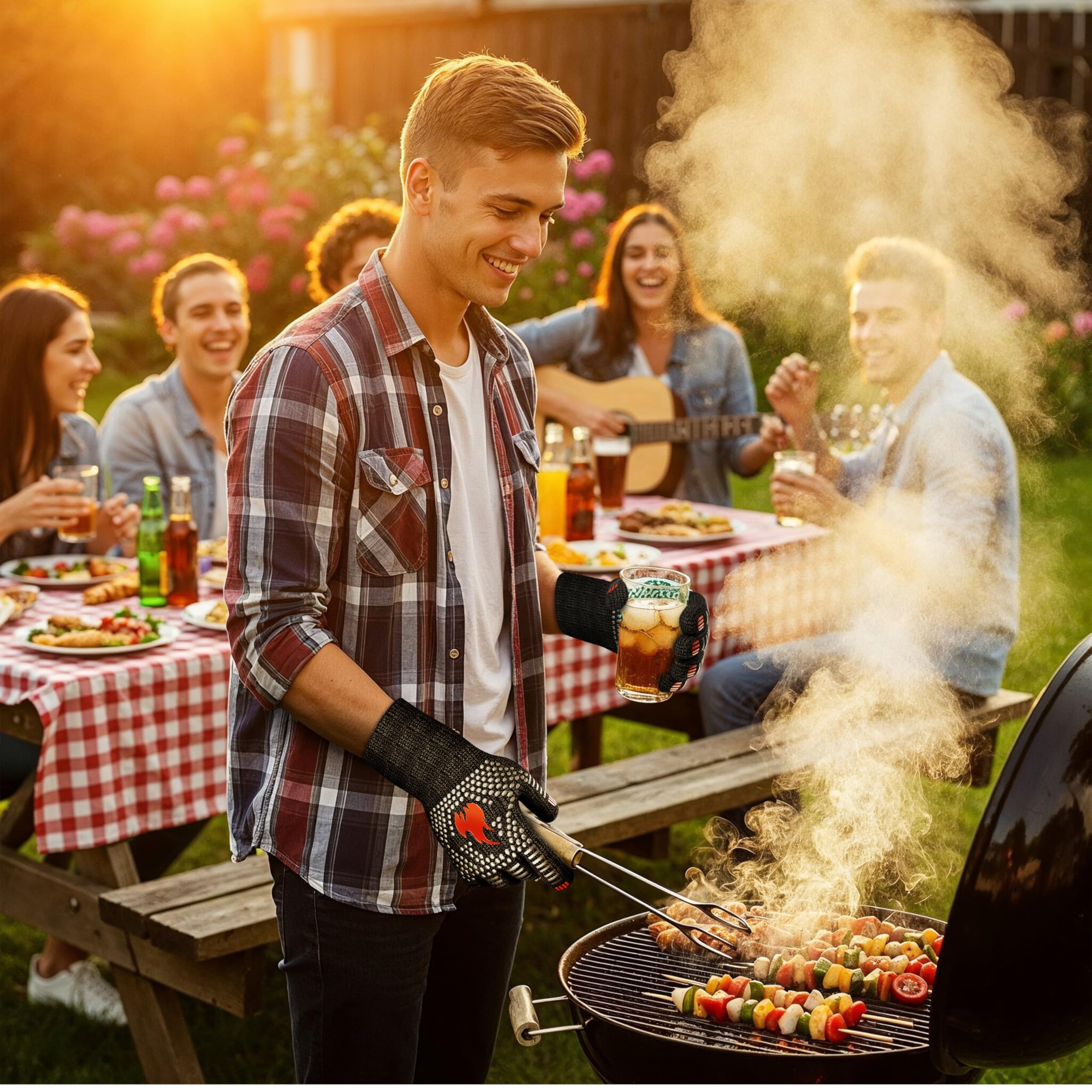 GUSSKÖNIG Grillhandschuhe hitzebeständig bis 800 Grad (X-S) - feuerfeste Handschuhe aus Aramid - Grillhandschuh Kochhandschuhe für Indoor&Outdoor Kochen (Rot)