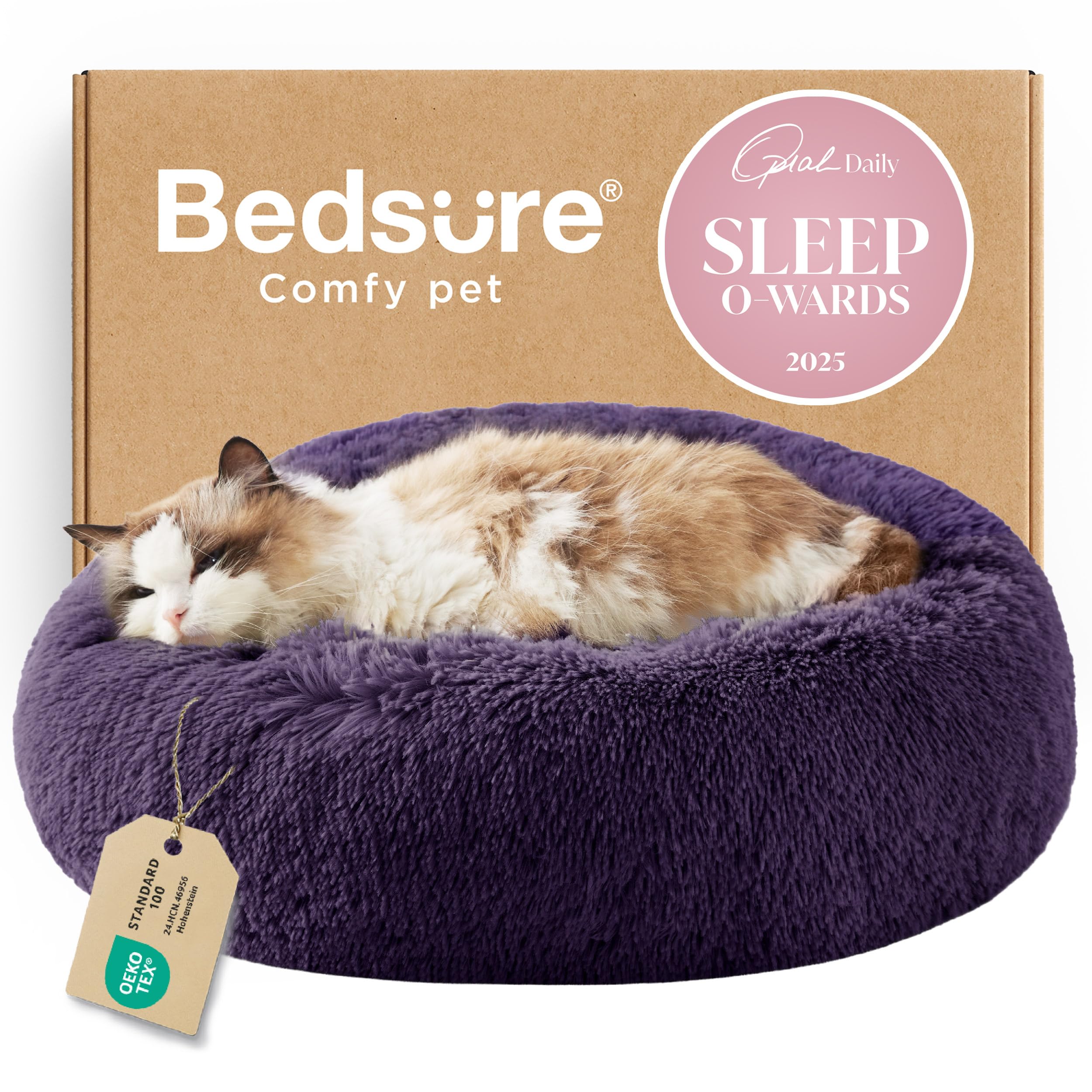 Bedsure Calming Cat Beds Donut Round Washable Kitten Bed,20 inches Purple