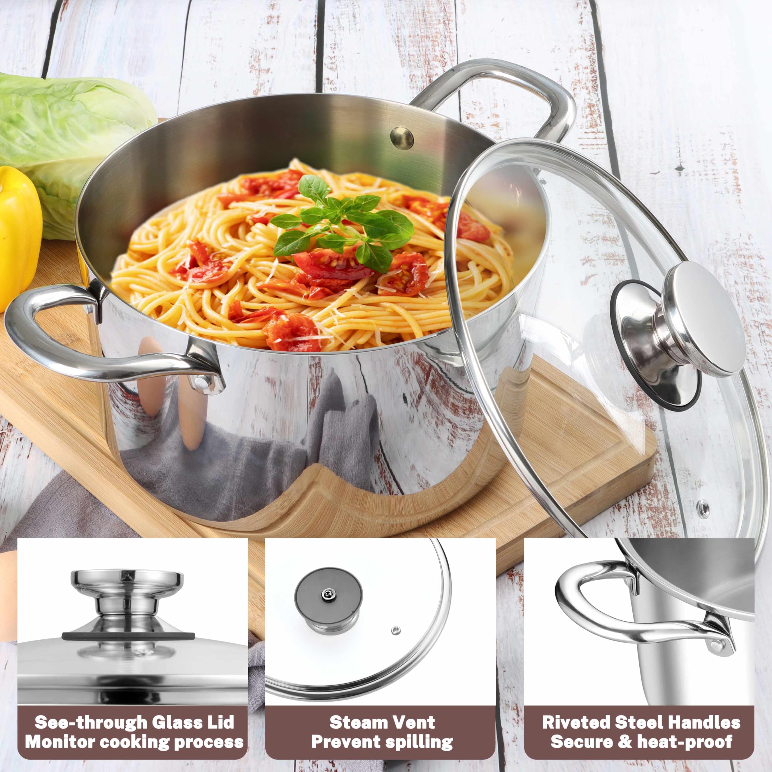 Herogo Suppentopf mit Deckel, 4,5 l, dreilagiger Kochtopf mit Deckel, 18/10 Edelstahl, Pasta-Suppentopf mit Griffen, 4,5 QT Suppentopf für Induktion, Elektro-Gasherd, spülmaschinenfest