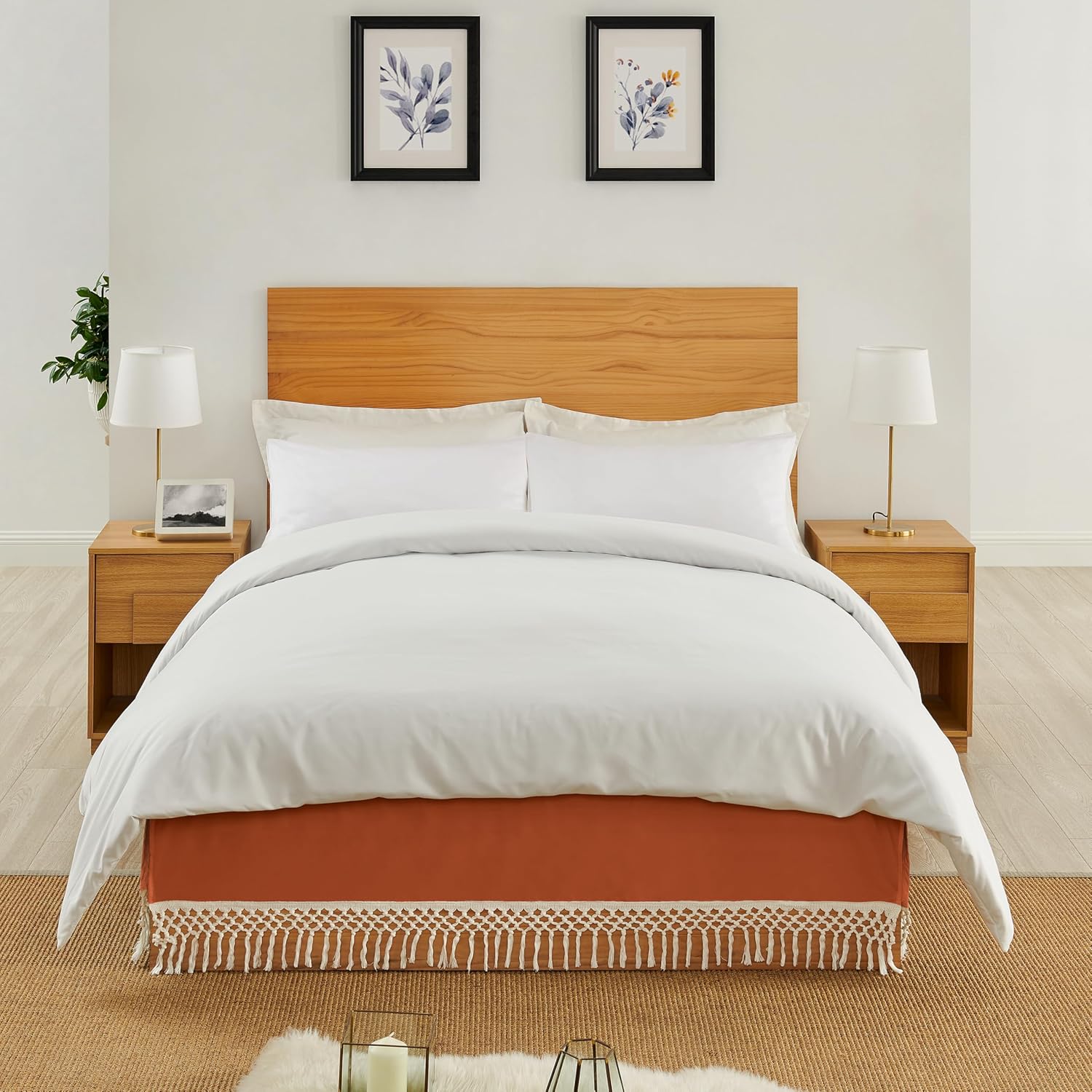 Sweet Jojo Designs Rust Orange and Ivory Boho Bohemian Girl Queen Size Bed Skirt Dust Ruffle Bedskirt Pleated Tailored Kids Bedroom Off White Fringe Tassel for Farmhouse Wildflower Floral Collection