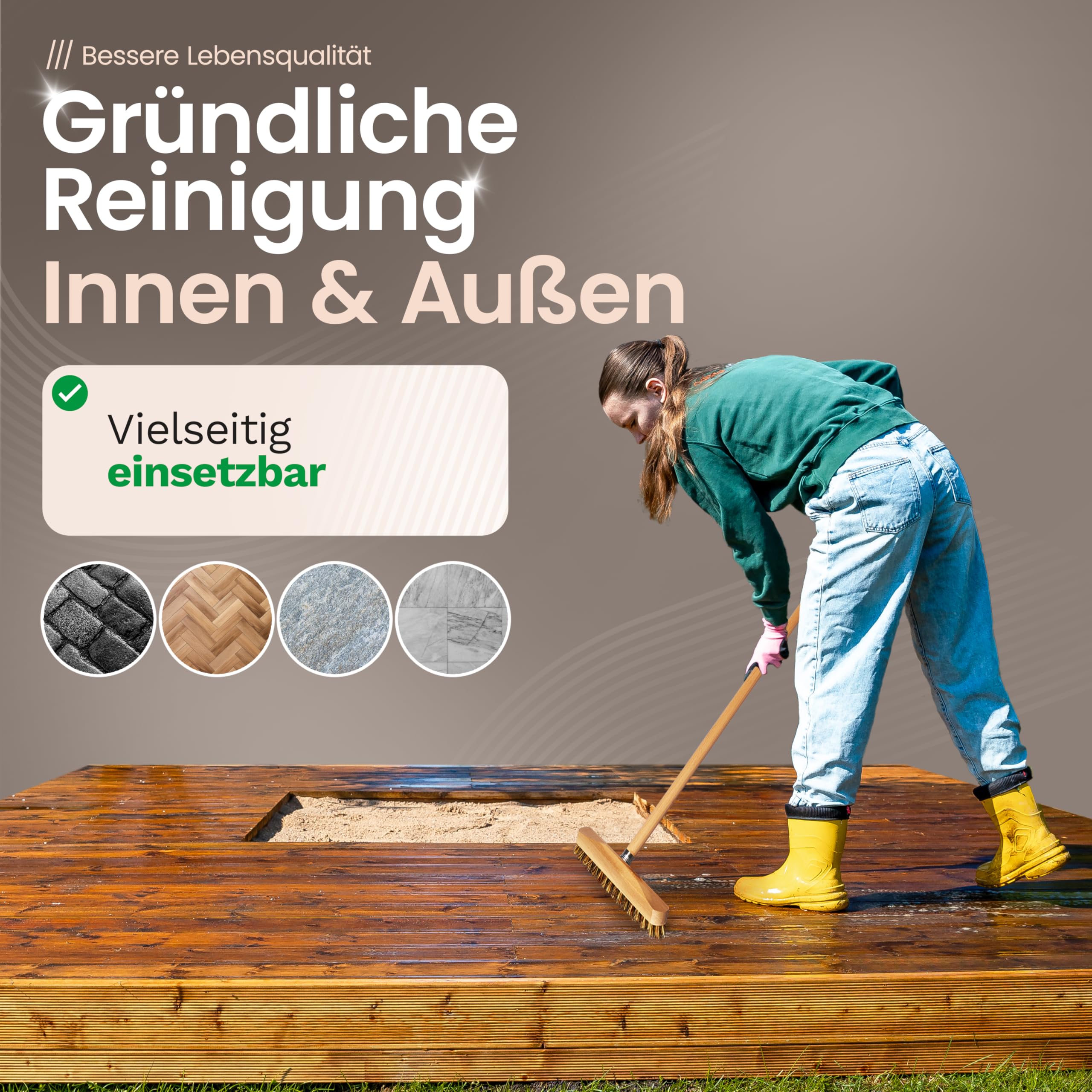 Novaliv 2 limpiaparabrisas de madera estable con cerdas de plástico con rosca y mango de madera | Cepillo de suelo Union | Ideal para limpiar balcón, terraza, jardín, interior y exterior