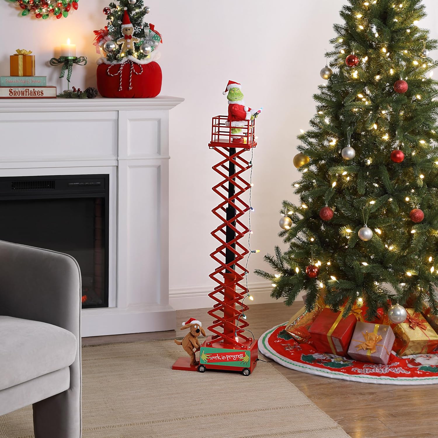 Mr. Christmas Animated Grinch Lift Christmas Decoration with LED Lights and Music, Extending Ladder, AC Adapter