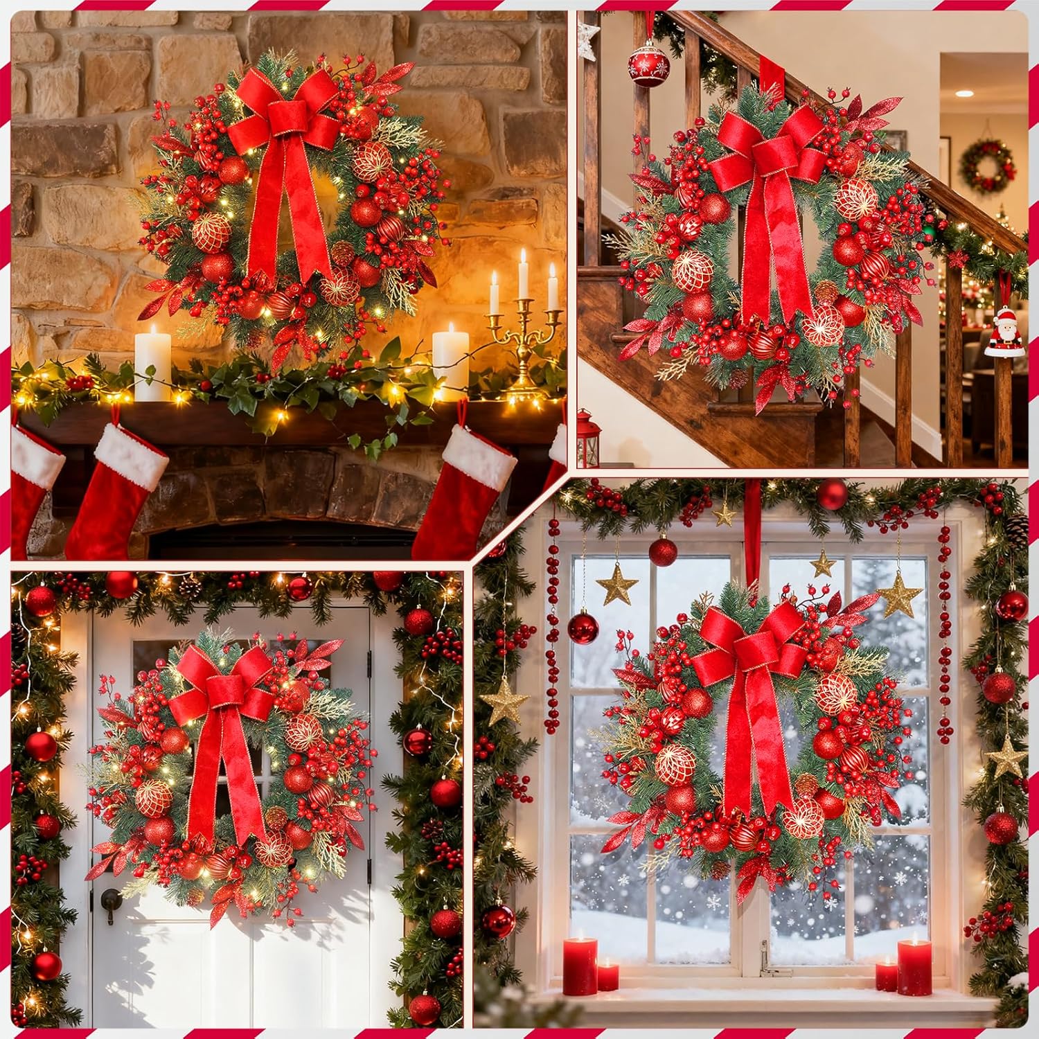 24 Inch Christmas Wreath for Front Door with Pine Branches, Red Berries, Ornament Balls, Bow and 50 LED Lights,for Home Indoor and Outdoor Wall, Fireplace Mantel, Christmas Decor - Image 6