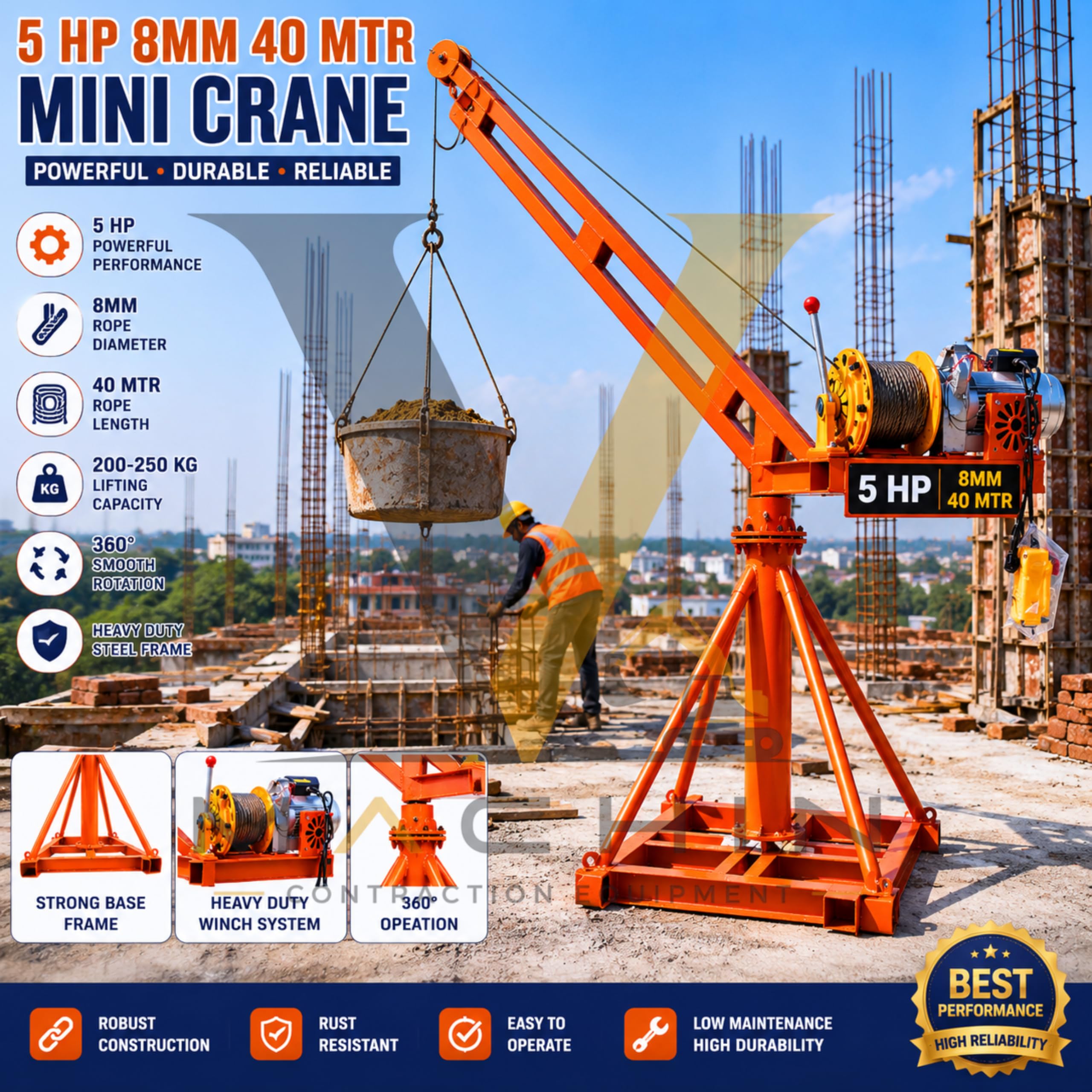 VM Mini Crane 5 HP Motor with 8mm x 40 Meter Wire Rope, Heavy Duty 