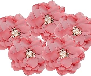PATIKIL 3.15 Inch Chiffon Flowers, 5 Pcs Fabric Flowers Rhinestone Pearl Large Camellia Sewing Appliques for DIY Crafts Dresses Clothing Headbands Wedding Party Decoration, Red Pink
