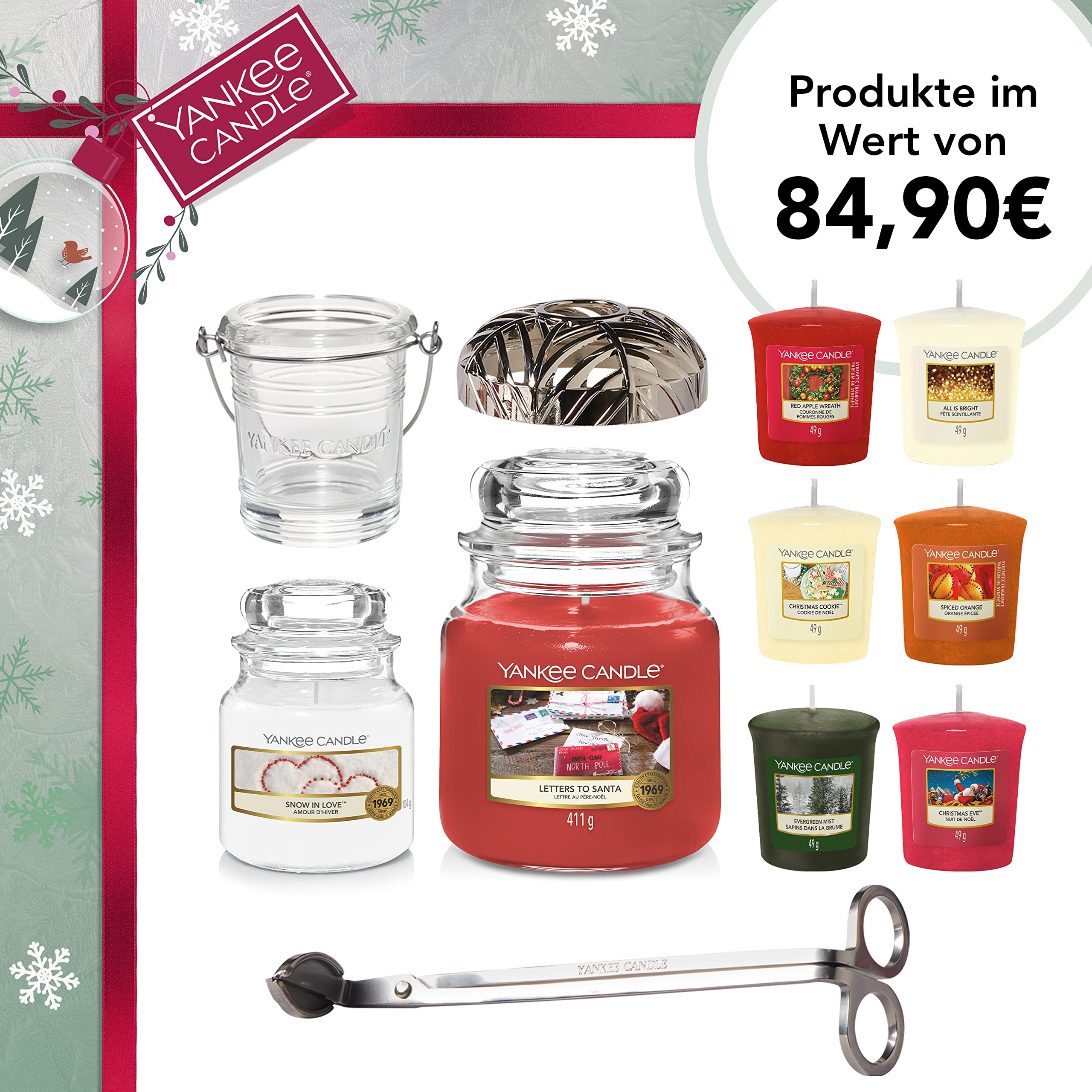 Yankee Candle, 8 Duftkerzen, Votivkerzenhalter, Dochttrimmer und Illuma-Lid-Kerzenaufsatz, 11-teiliges Geschenkset Weihnachtskerzenset