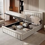 Storage Bed 160 x 200 cm with Quilted Headboard, Double Beds with Hydraulic and Slatted Base, White Velvet Frame with Gold Edges, for Teens and Adults, Beige - 6