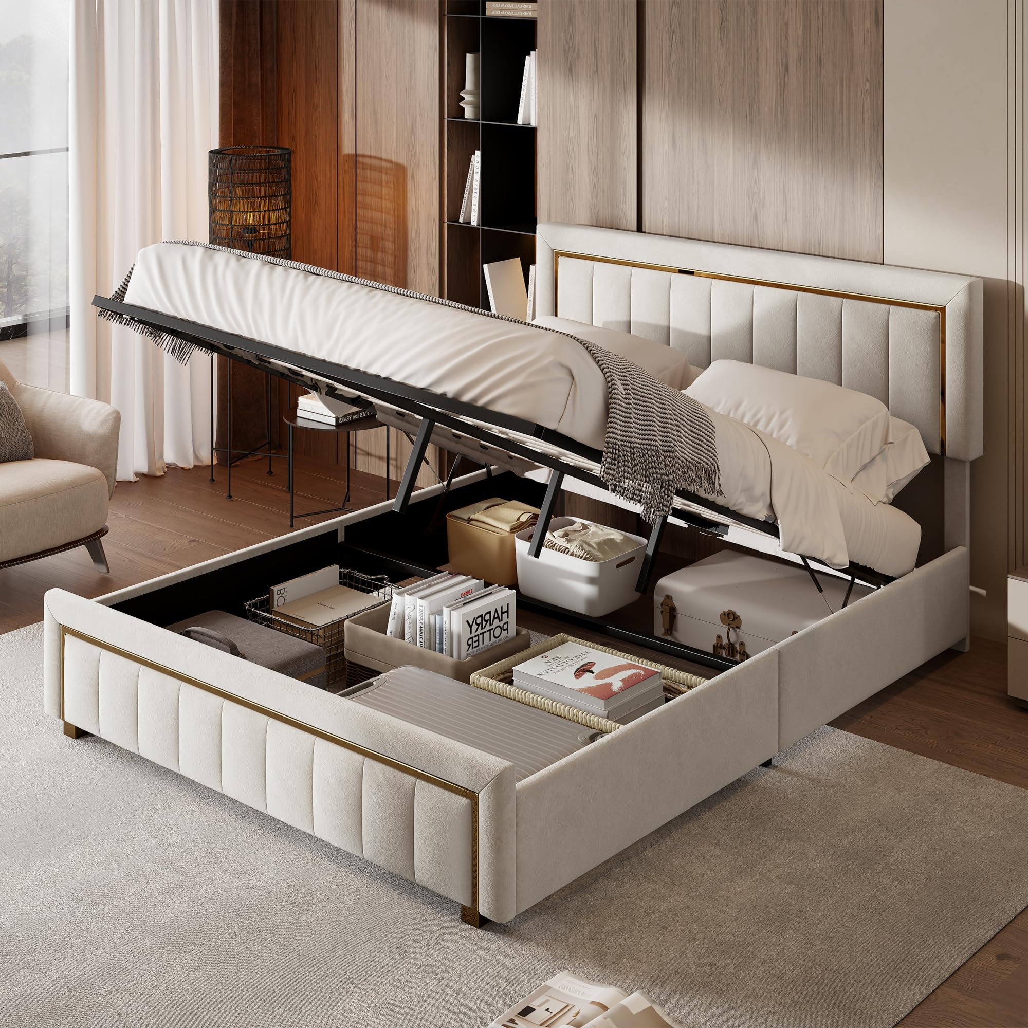 Cama tapizada de 160x200 cm, cabecero de Terciopelo Beige con Ribete Dorado, Cama de Matrimonio con canapé, Apta para Adultos y Adolescentes, colchón no Incluido
