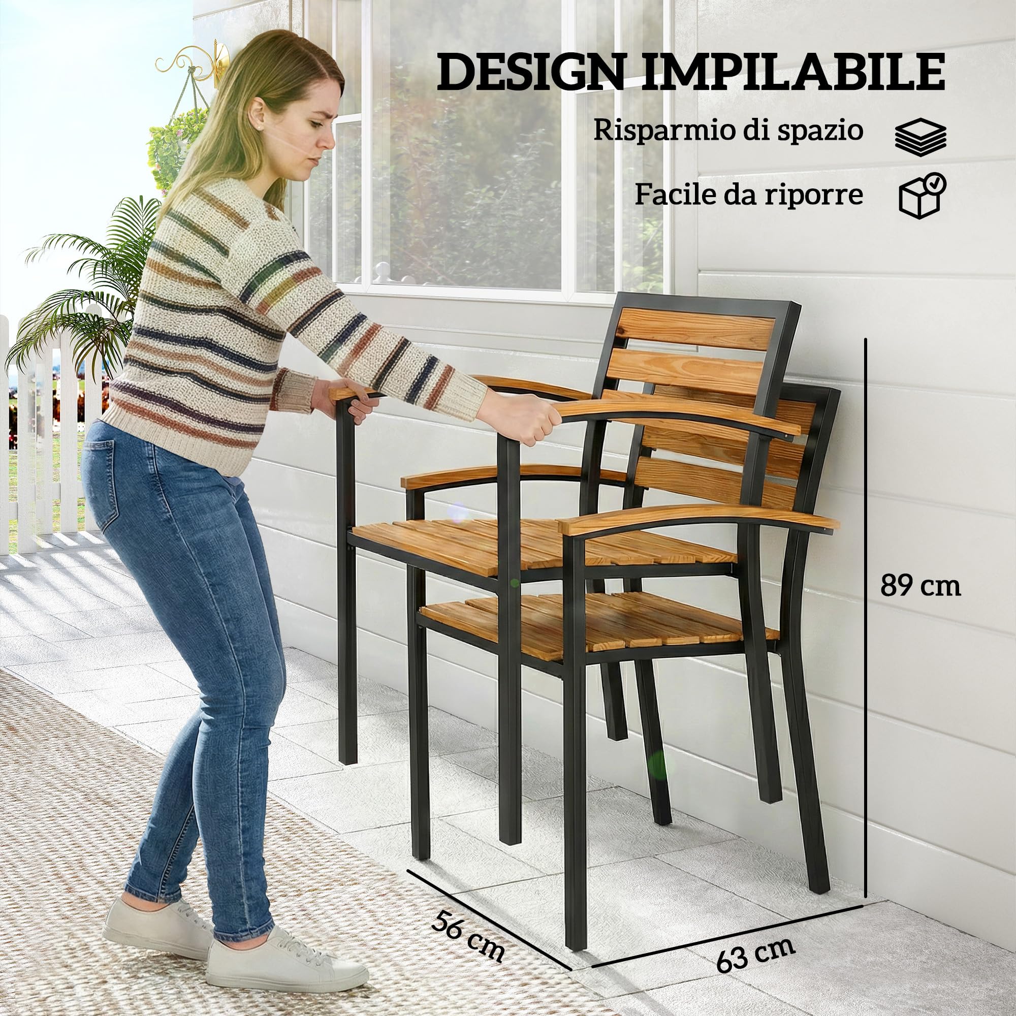 Outsunny Set 2 Sedie da Giardino Impilabili in Legno di Larice, Sedie per Pranzo da Esterno in Acciaio con Braccioli, Schienale a Doghe, per Patio Balcone Terrazza Esterno, 56x59x84 cm, Color Legno