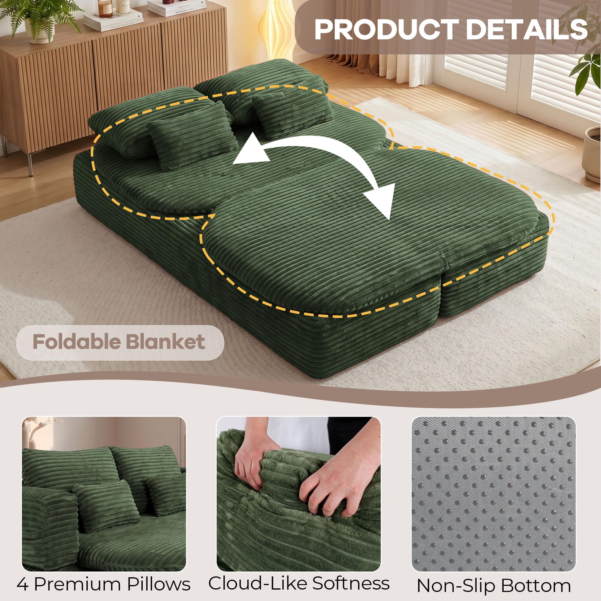 75'' Folding Sleeper Sofa Bed, Memory Foam Boneless Couch | Full Size Guest Bed Mattress, Modern 2-in-1 Floor Deep Seat Sleeper Sofa with 4 Pillows and Blanket | Corduroy Green