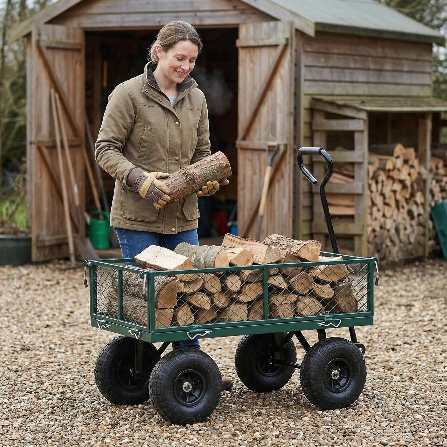 Heavy Duty Steel Garden Mesh Cart, 550 Lbs Capacity Utility Wagon with Removable Sides, 10 Inch Pneumatic Tires for Outdoor Landscape Material Handling, Green
