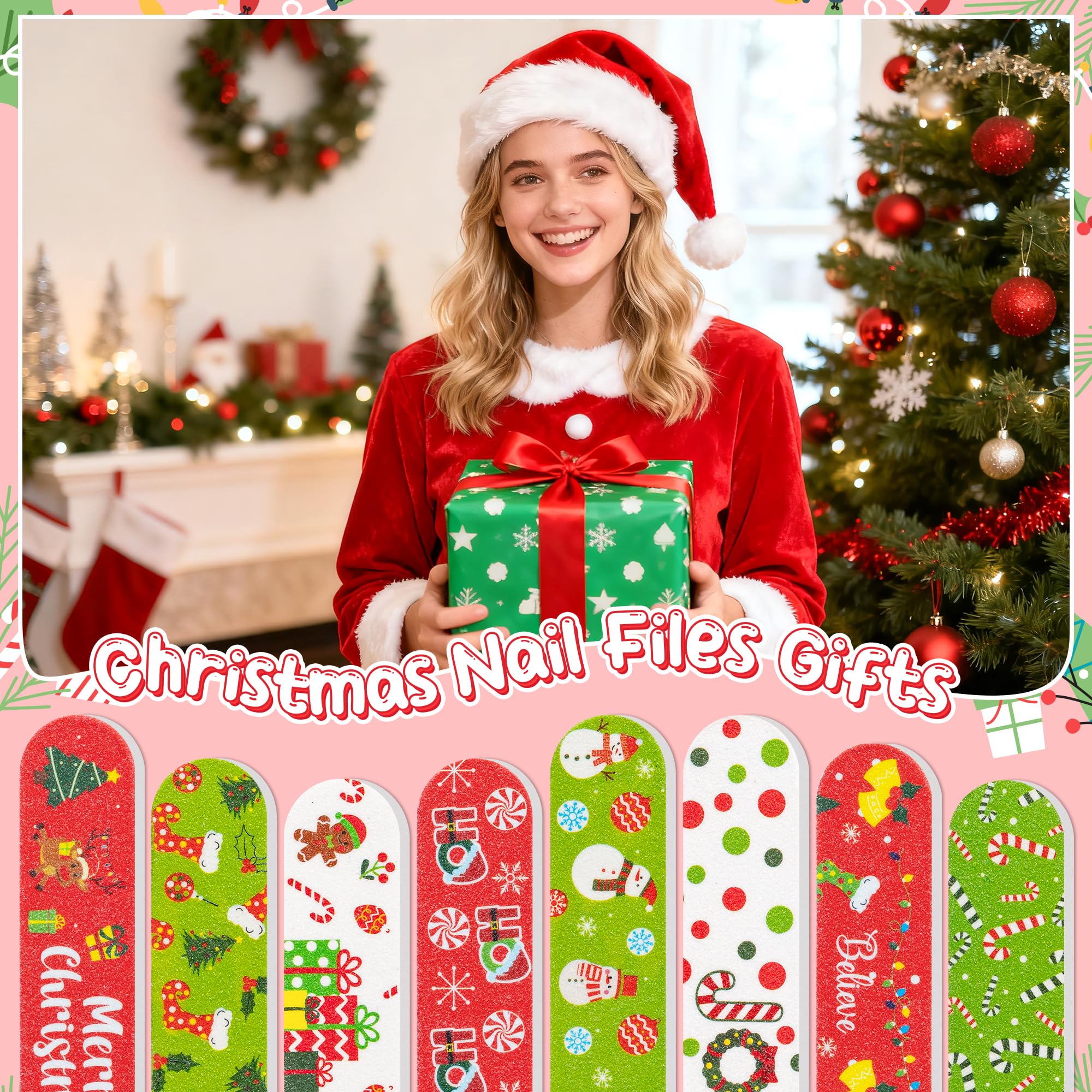 H1vojoxo Lima de uñas de Navidad a granel, 48 piezas de árbol de Navidad, muñecos de nieve, tablas de esmeril de doble cara, limas de uñas, regalos de Navidad, regalos de calcetín para empleados