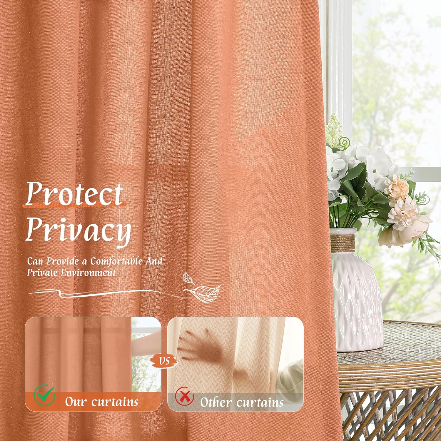 LAMIT Cafe Linen Curtains 36 Inch Length for Small Windows, Rod Pocket Light Filtering Drapes Boho Privacy Window Panels for Kitchen/Bathroom, 2 Panels, 42 x 36 Inch, Terracotta