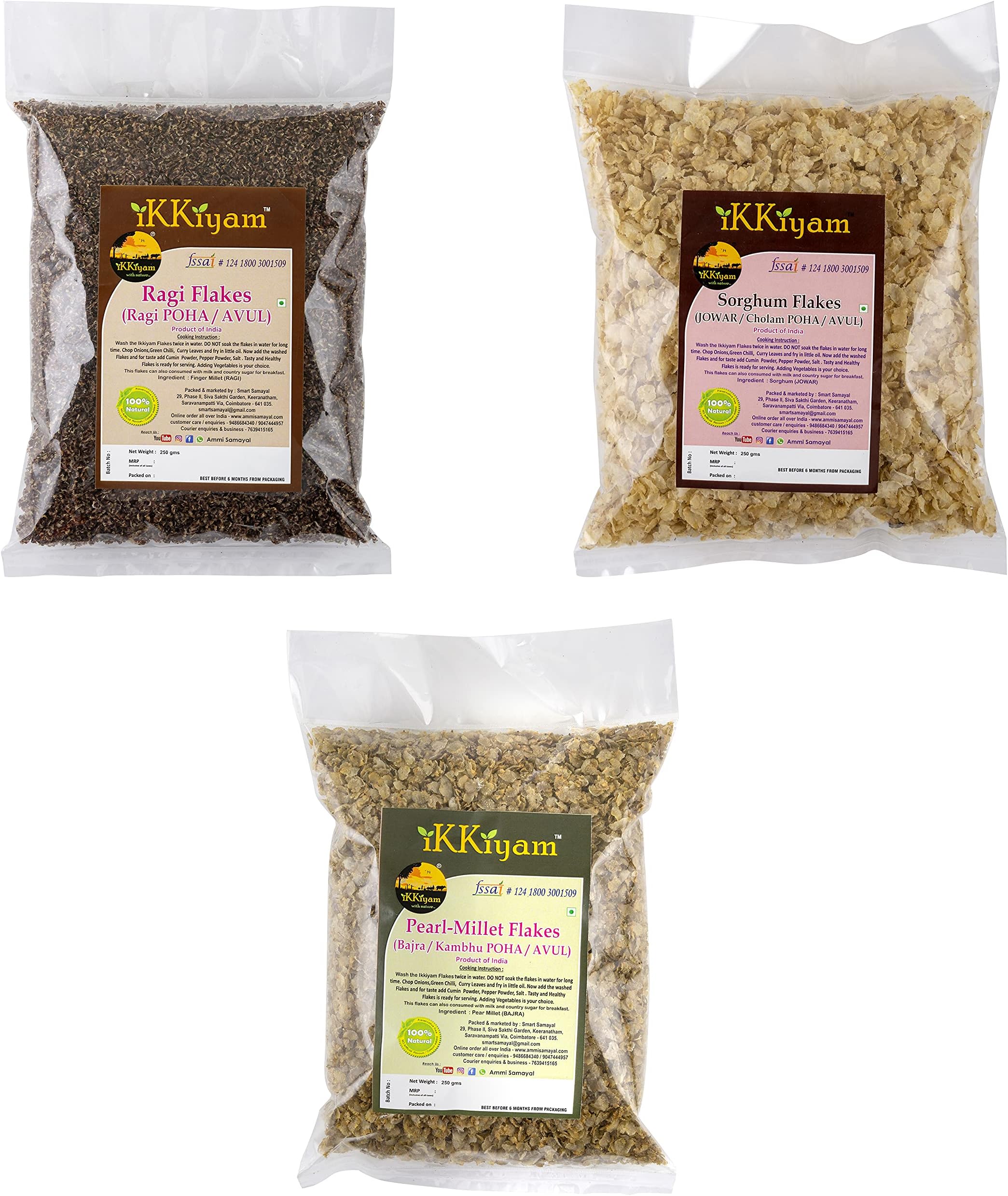 - Ikkiyam Millet Flakes Combo (Poha) โ Ragi, Jowar & Bajra Aval, Gluten Free, No Preservatives, High Fiber Breakfast, 3 x 250g