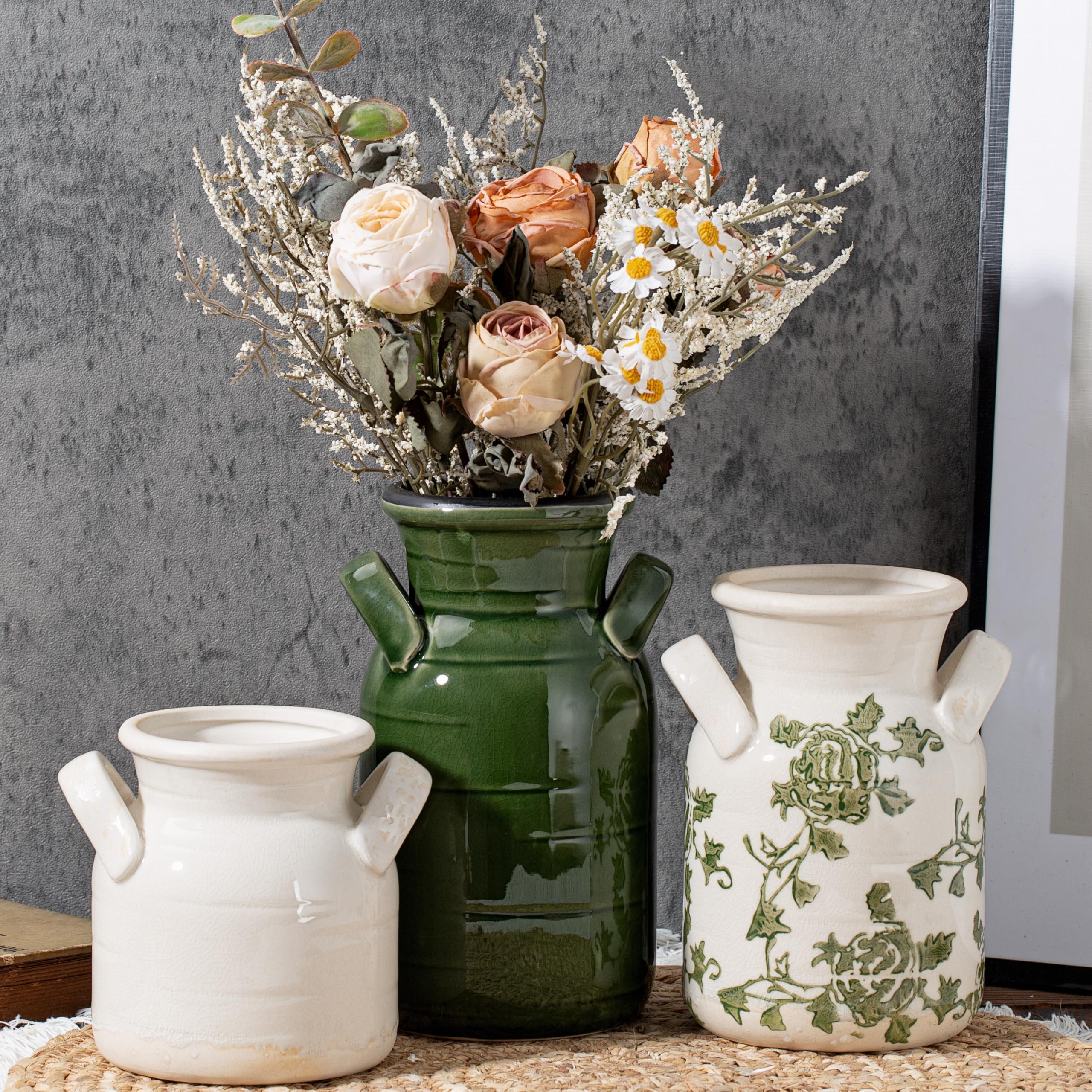Sawoake Ceramic Vase Set of 3 with Two Handles, Green White Neutral Rustic Modern Farmhouse Boho Decor, Versatile as Table Centrepiece or Mantel & Shelf Accent - Unique Home Gift Idea