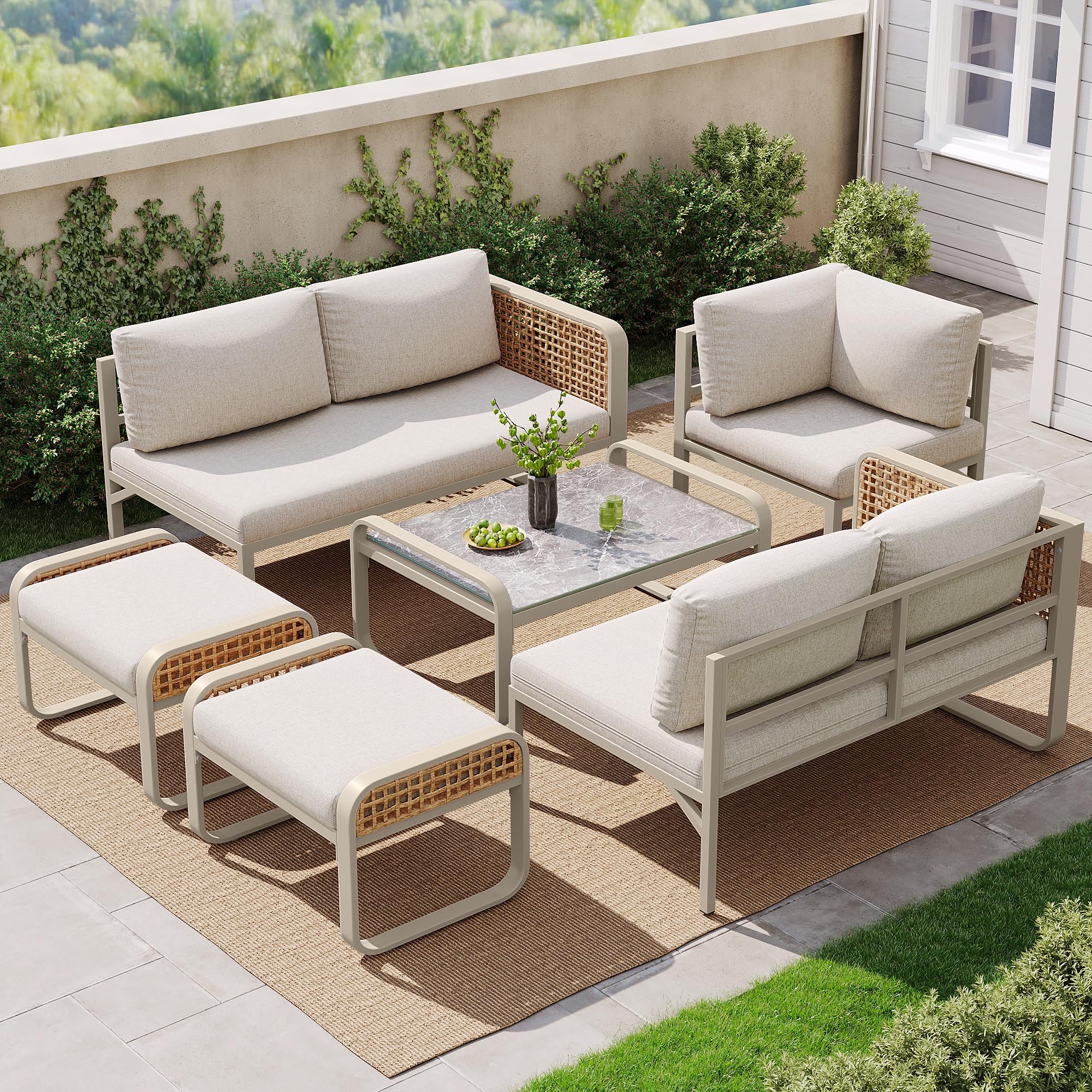 Conjunto de Muebles de Jardín Exterior 6 Piezas, Juego de Muebles de Jardín, Conjunto de Sofás de Exterior con 2 Sofá de 2 Plazas, 1 Sofá Esquinero, 2 Banco y 1 Mesa, Beige