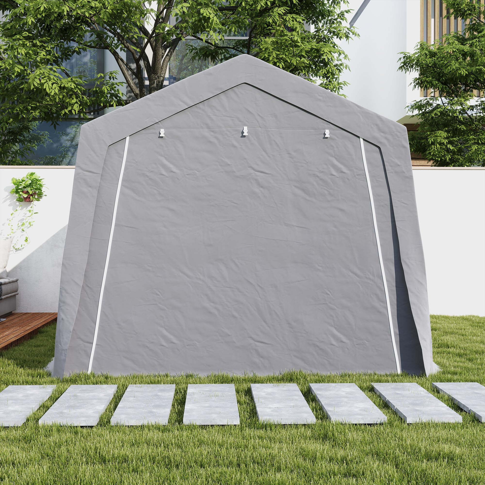 Outsunny Abri de Jardin Abri Vélo Extérieur 3 x 4,5 x 2,5 m Gris Clair | Porte Enroulable Zippée, Fenêtres Ventilées, Tente de Stockage Étanche Anti-UV, pour Moto, Outils de Jardin
