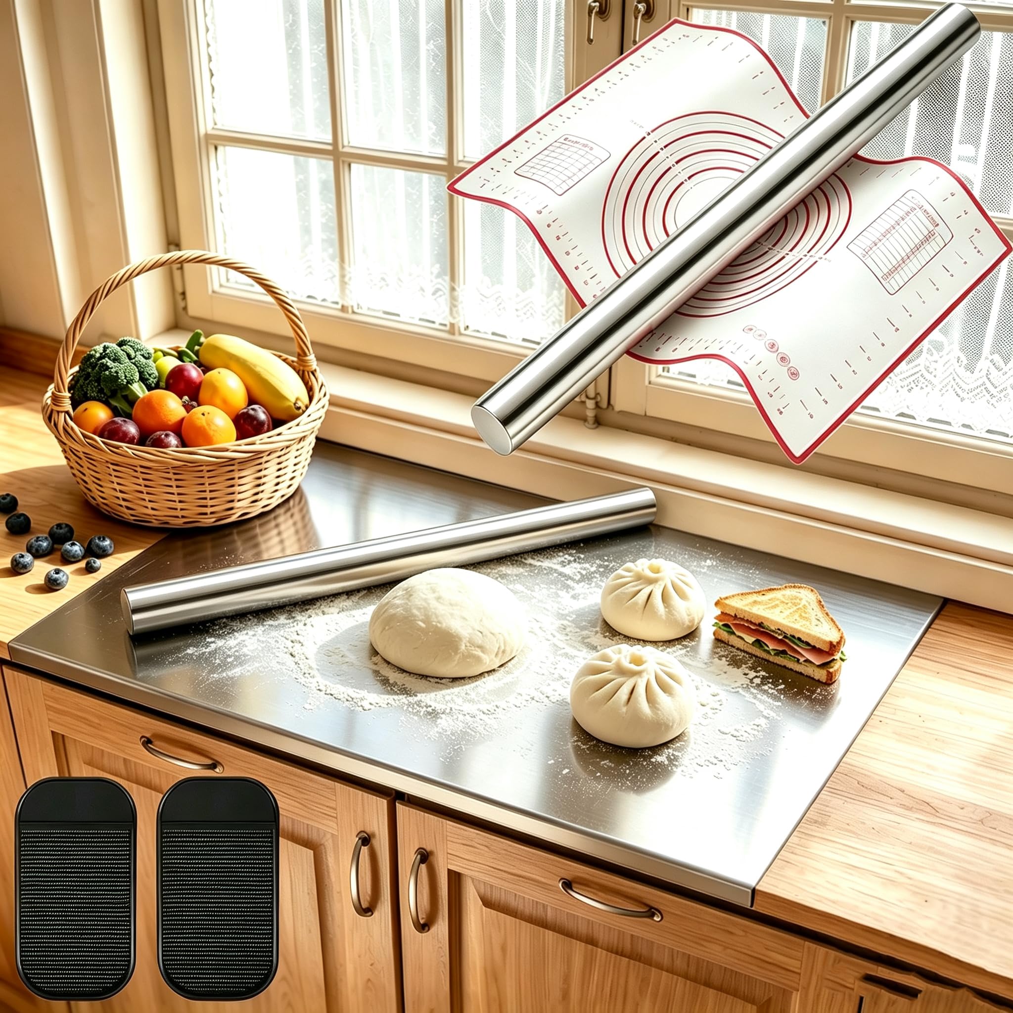 23.6" X 15.7" Stainless Steel Cutting Board with Lip and Adjustable Rolling Pin, L-Shaped Large Stainless Steel Kneading Cutting Chopping Boards for Kitchen, Meat, Fruits, Vegetables, Bread, Baking