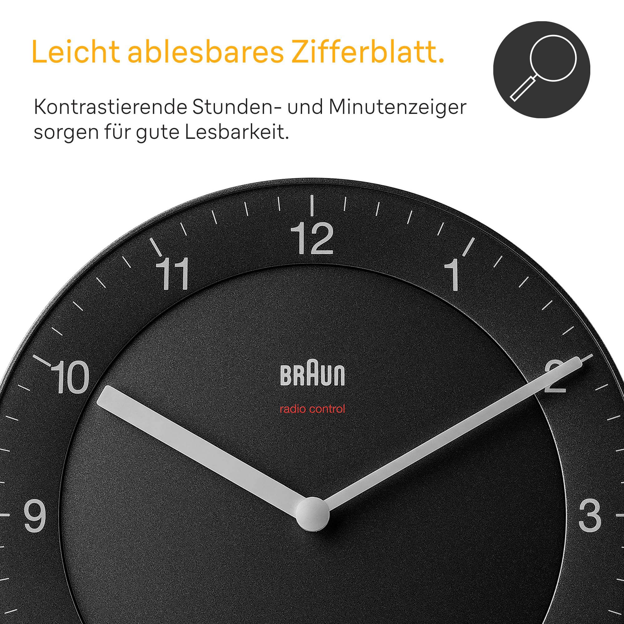 Braun Klassische Funkwanduhr Mitteleuropäische Zeitzone (MEZ/GMT+1) mit ruhigem Uhrwerk, leicht lesbarem Zifferblatt mit 20 cm Durchmesser in Schwarz, Modell BC06B-DCF.
