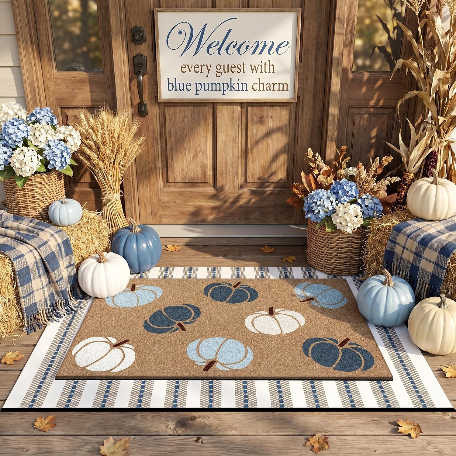 Drydiet Fall Front Door Mat, Blue White Pumpkin Layered Doormat Set
