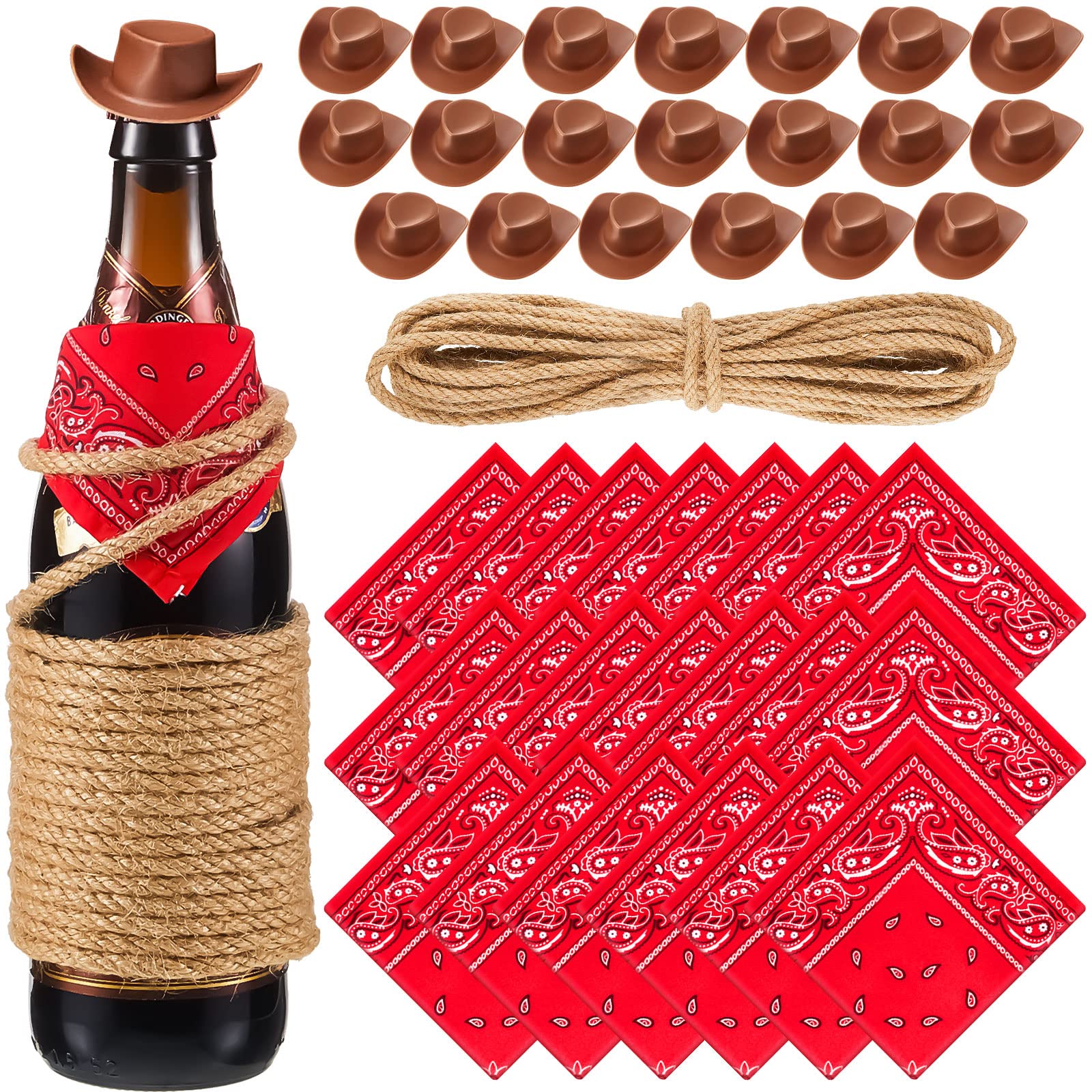 Leitee 20 Sets Mini Cowboy Hats for Crafts Plastic Tiny Cowgirl Hat with Bandanas for Western Cowboy Party Decoration