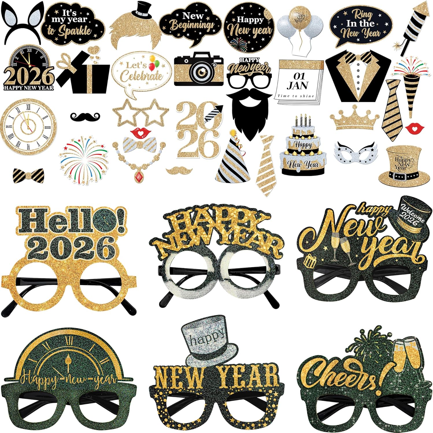 KatchOn, Pack of 41, New Years Glasses 2026 | Plastic Gold and Black Glasses 2026, Happy New Year Decorations 2026 with Glitter New Years Photo Booth Props 2026 | NYE Photo Props New Years Eve Party