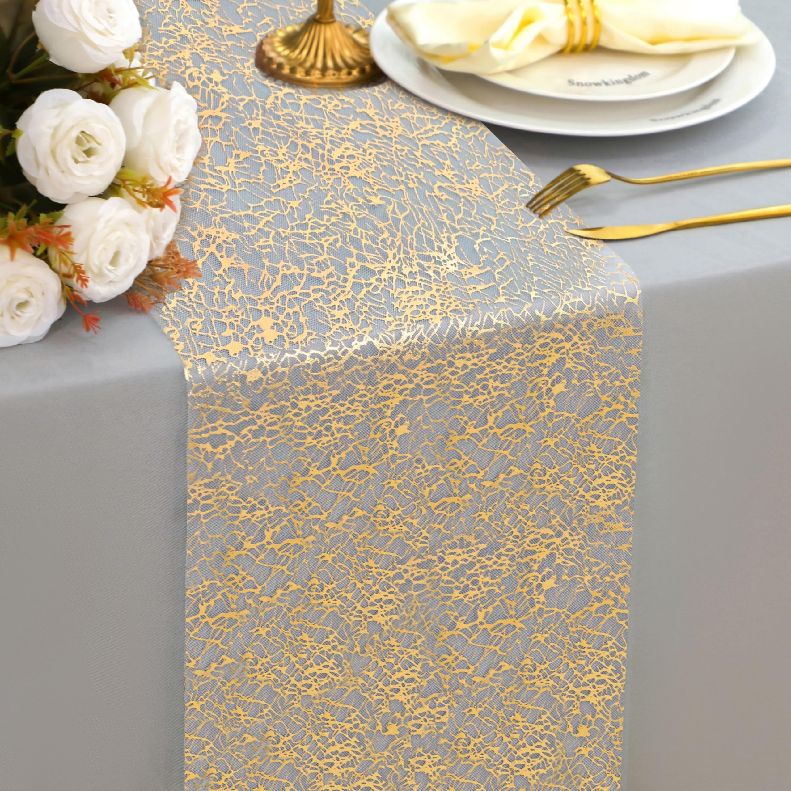 Snowkingdom 20Ft Gold Table Runner, Golden Glitter Foil Metallic Thin Mesh Cracked Runner Roll 11"x240", Gold Table Decorations for Wedding Birthday Fall Thanksgiving Christmas Party