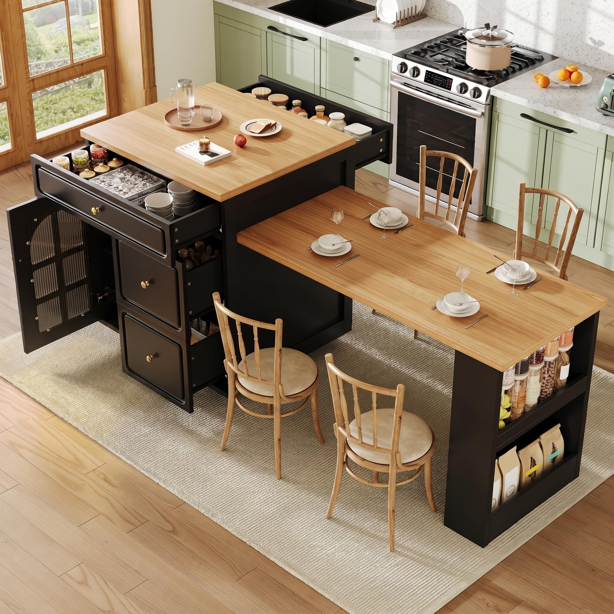 BTM Space Saving Kitchen Island Table with Storage Extendable Kitchen Island with Breakfast Bar, LED Light& Glass Doors Black+Oak