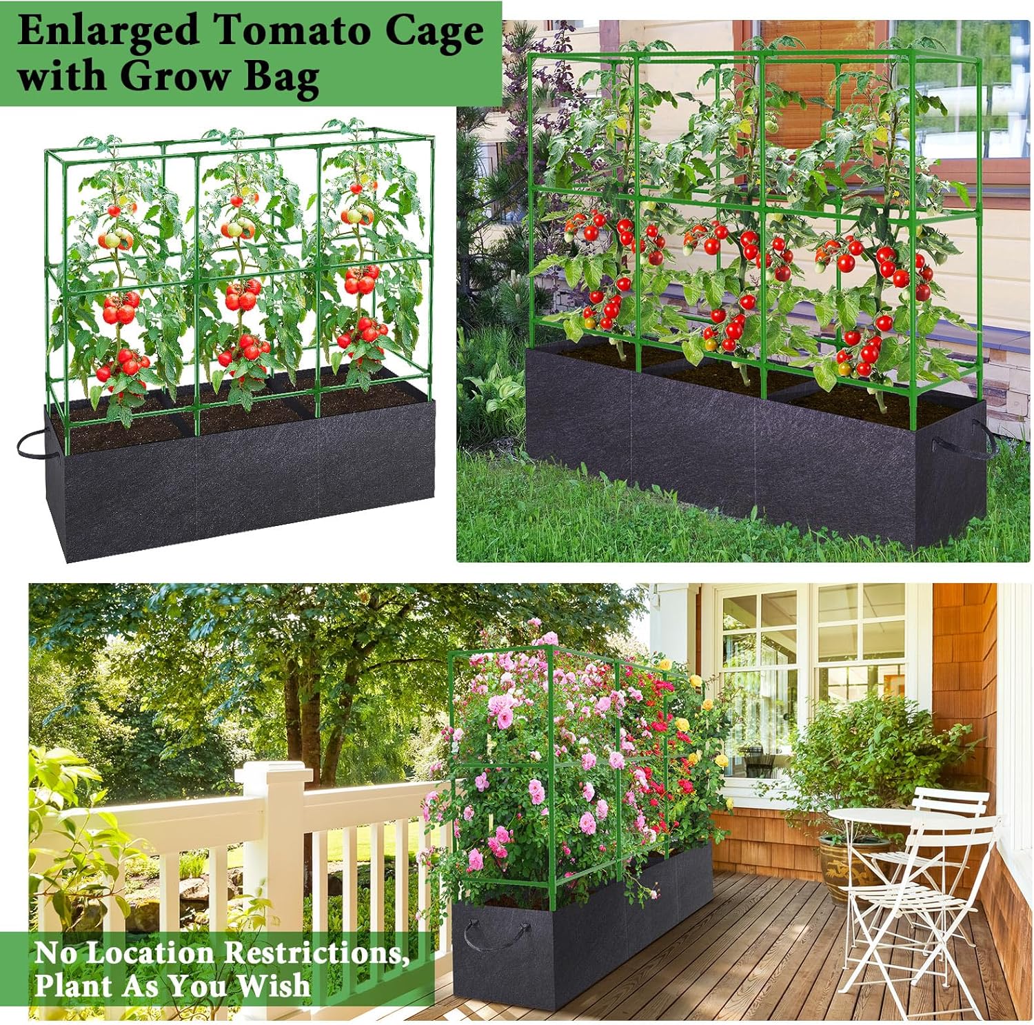 51x17x49 Inch Garden Tomato Cages with 46 Gallon Grow Bags, Square Plant Support Trellis Assembled with Planter Bags, Garden Cucumber Vegetables Frames for Vertical Climbing Plants