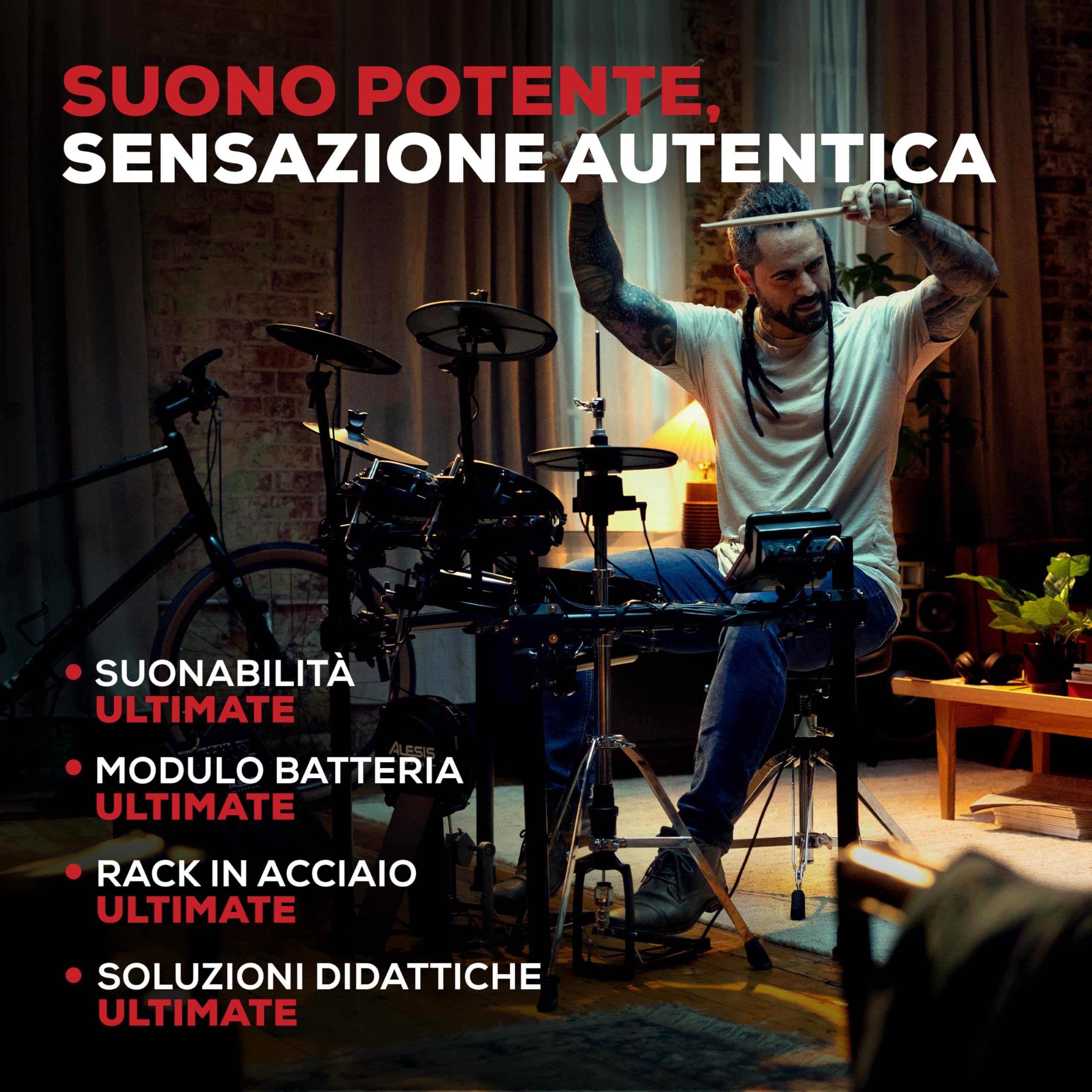 Alesis Nitro Ultimate Batteria Elettronica | Rullante 10" e Tom 8" Dual-Zone, Hi-Hat Mobile 10", 640+ Suoni BFD, Bluetooth, Drumeo, MIDI, Compatible con Doppio Pedale
