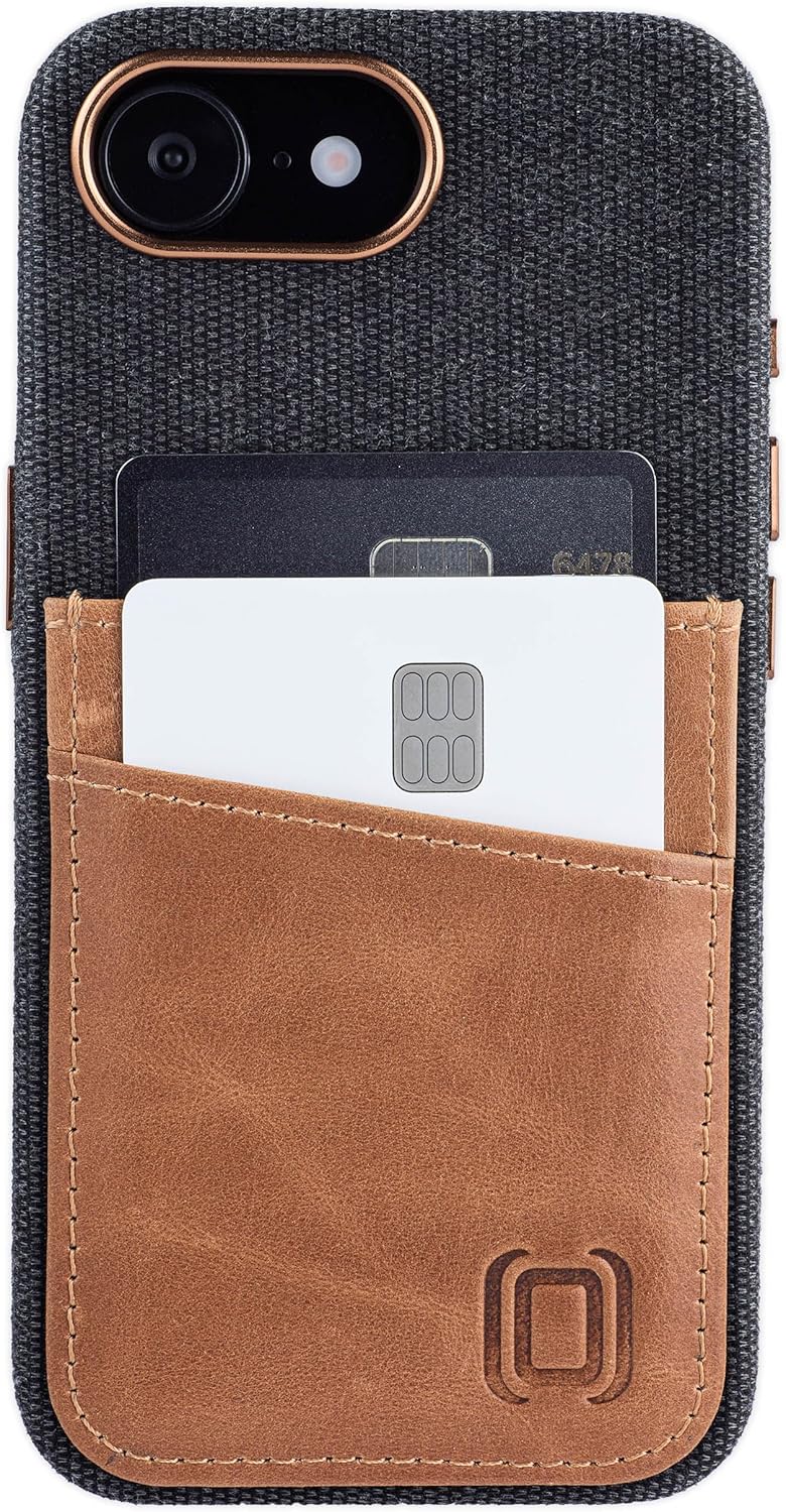 Dockem Fabric Card Case for iPhone 17e, iPhone 16e with Built-in Metal Plate for Magnetic Mounting, Stitched-on Genuine Leather Wallet with 2 Card Slots: M2F [Grey and Light Brown]