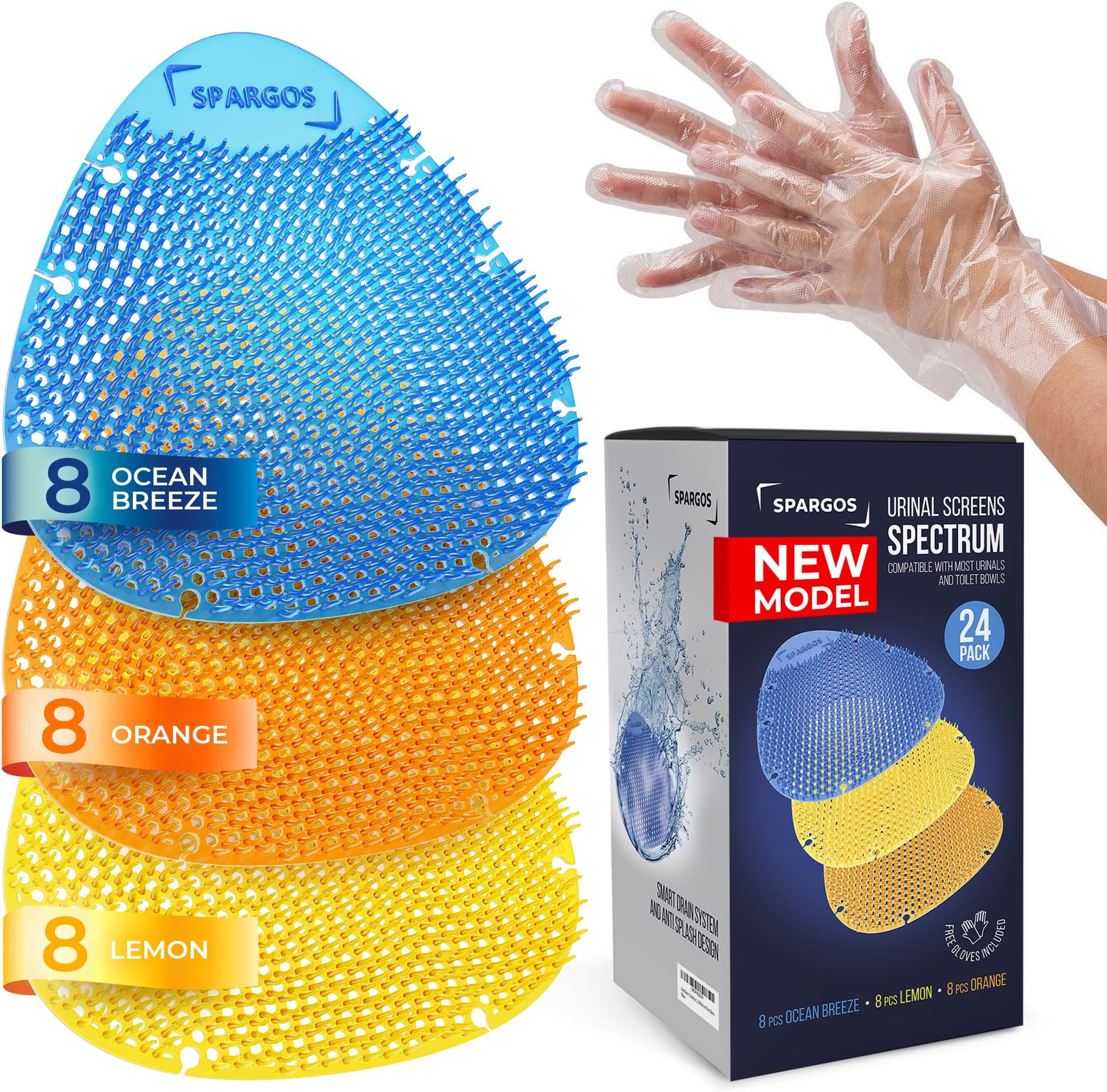 Urinal Screen Deodorizer (24 Pack) Urinal Cakes Fresh 3d Wave Anti-Splash Odor protection for Toilets in Bathroom Office Stadiums Schools with Free Gloves - 8 pcs Blue 8 pcs Yellow 8 pcs Orange