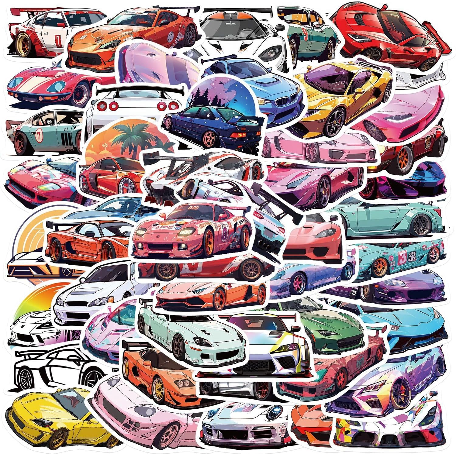 50pcs JDM Car Stickers, Racing Sport Car Stickers for Water Bottles Laptop Guitar Skateboard Scrapbook, Vinyl Waterproof Cool Trendy Decals for Teens Adults Kids