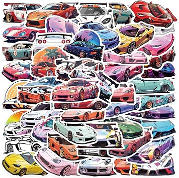 Pack of 50 Sports Car Stickers Pack Racing Sticker Set Waterproof Vinyl Sticker for Laptop Children Cars Motorcycle Bicycle Skateboard Luggage Suitcase Computer Sticker Graffiti Decal
