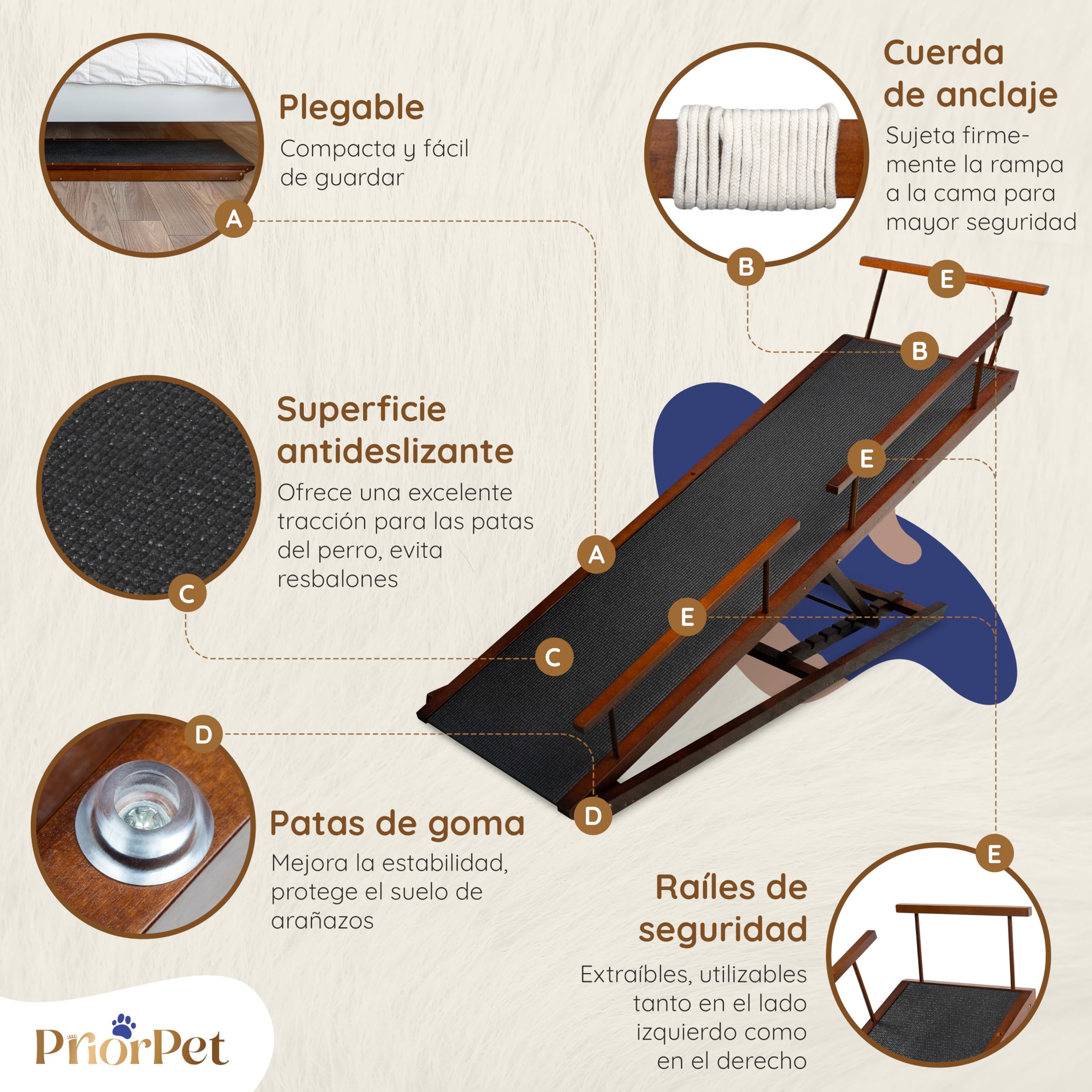 Rampa para Perros para Cama con Rieles de Seguridad PRIORPET - Madera de Abedul - Ajustable - para Camas Altas de hasta 94.5 cm - Plegable - Agarre Antideslizante - para Perros de hasta 23kg - Nuez