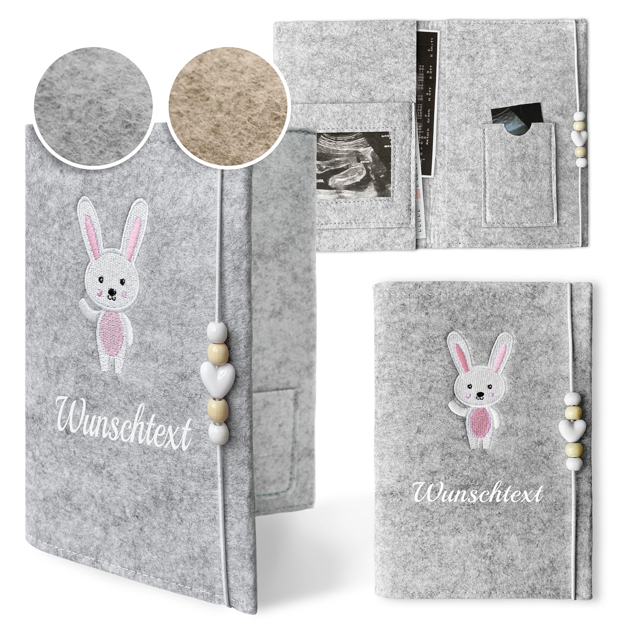 Mutterpasshülle personalisiert - Mutterpass Schutzhülle aus Filz mit gesticktem Namen und Motiv (Grau)