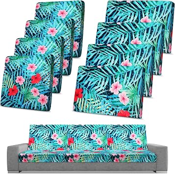 Spiareal 8 Pcs Patio Cushion Covers Stretch Outdoor Cushion Slipcovers Replacement, Include 4 Backrests and 4 Sofa Seat Covers for Furniture Protector, Waterproof WashableTropical Plants