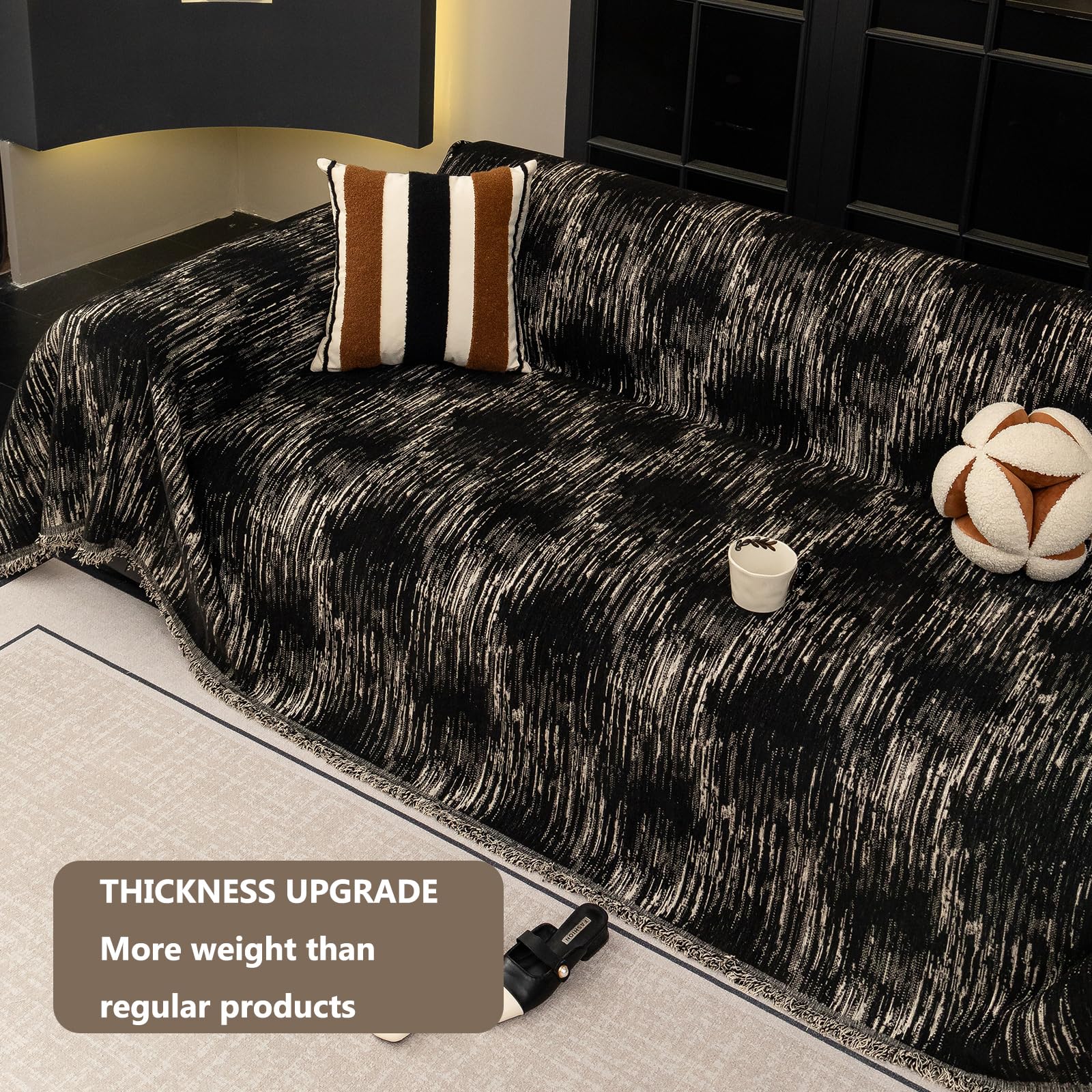 Manta Decorativa para el Hogar Todo el Año para Sofá, Sillón, Cama,Negro,180x420cm