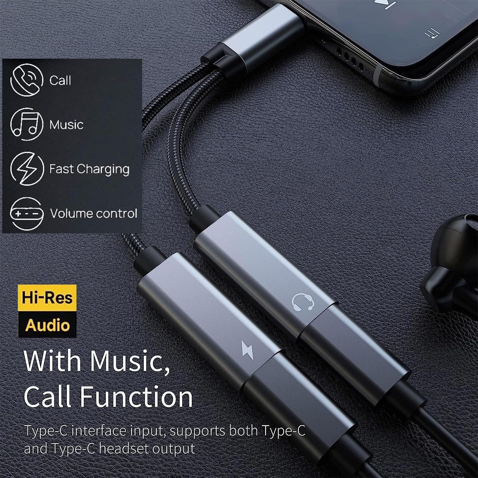 Podwójny adapter USB C 2 w 1, ładowarka i słuchawki audio, kompatybilny z Samsungiem, Huawei, Pixel, OnePlus, Wytrzymały i przenośny kabel TPE (Dual USB C)