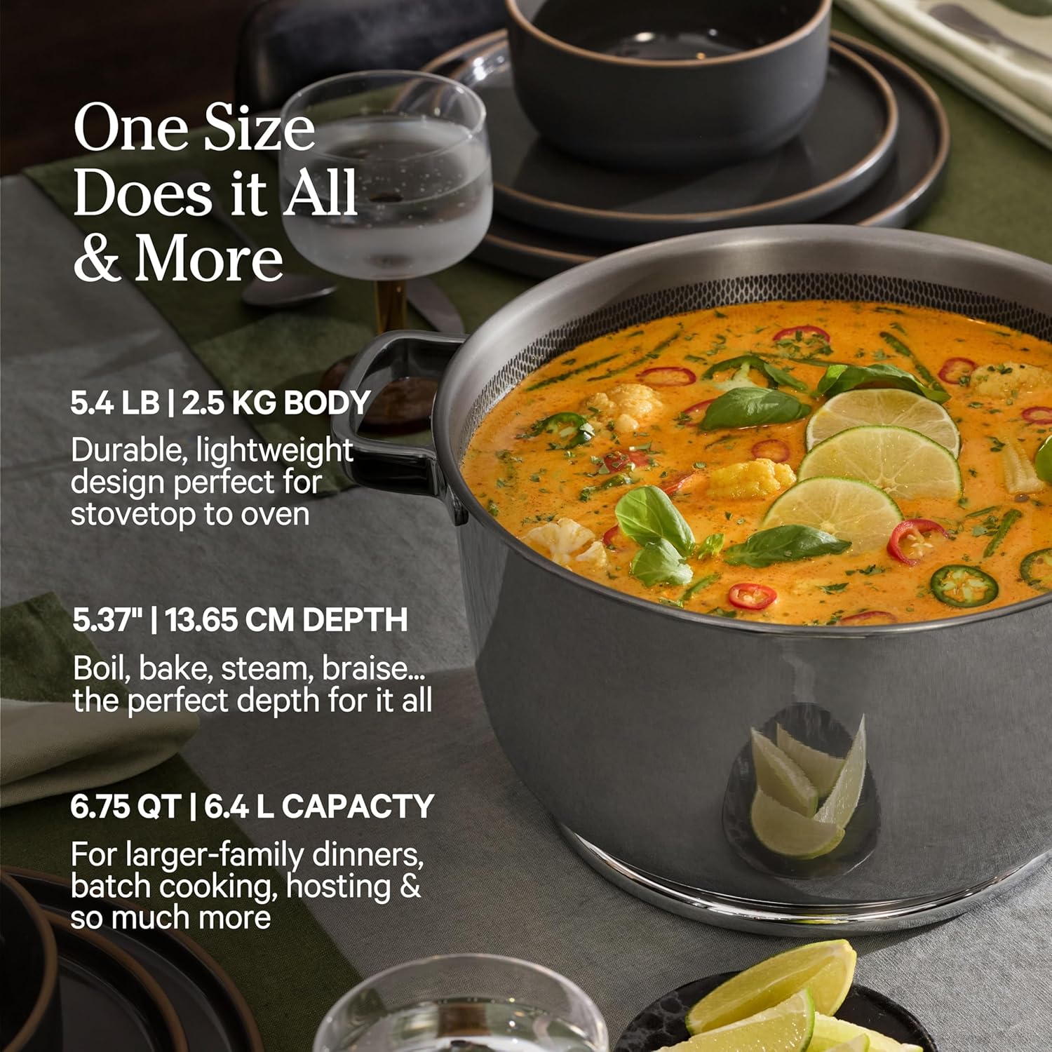 Our Place Titanium Perfect Pot Pro | 6.75 Qt Stock Pot with Lid & Silicone Spoon | PFAS-Free Nonstick, Fully-Clad Tri-Ply Stainless Steel & Aluminum | Induction & Oven-Safe up to 1000°F | Chrome