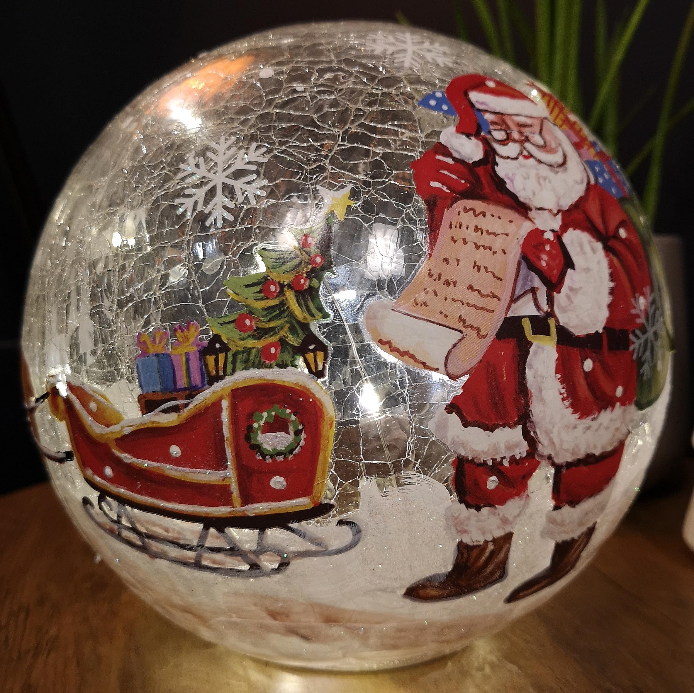 Samuel Alexander Clear 20Cm Battery Operated Warm White Led Crackle Effect Ball Christmas Decoration With Santa