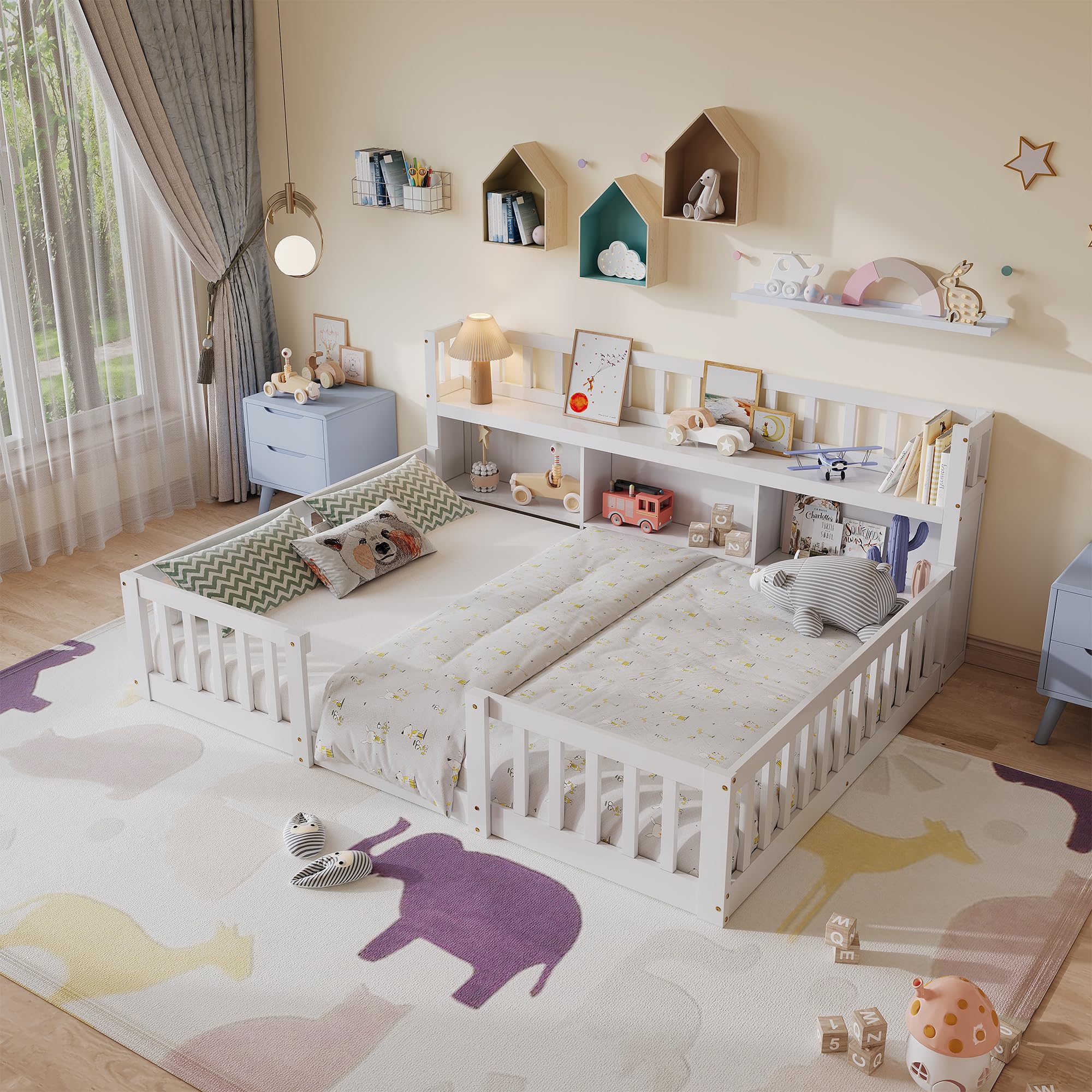 DADEA Montessori - Lettino da pavimento, 140 x 200 cm, con protezione anticaduta e rete a doghe, letto singolo per bambini e ragazzi, senza materasso