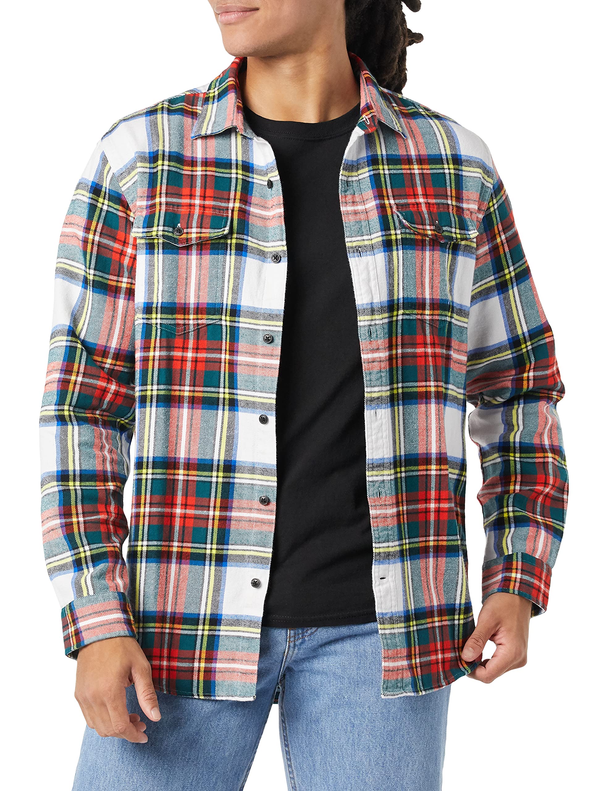 Photo 1 of Amazon Essentials Men's Regular-Fit Long-Sleeve Two-Pocket Flannel Shirt Large Red White Tartan Plaid