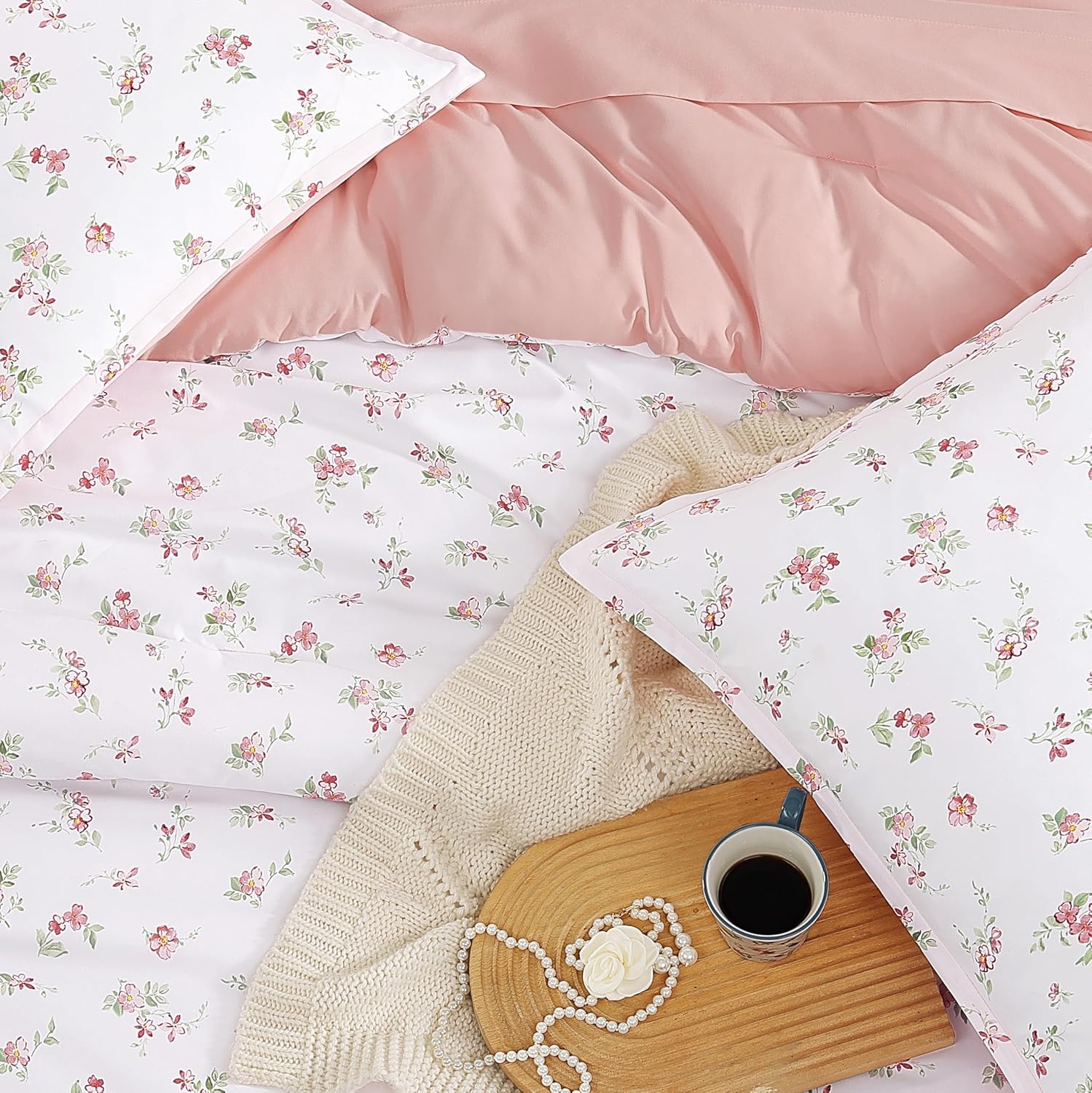 Andency Floral Comforter Set, 5 Pieces Cute Blush Pink Bedding Sets, Coquette Cottagecore Flower Dorm Bedding, Soft Lightweight Kids Bed Twin Comforter with Sheets, Pillowcases & Shams for Teen Girls