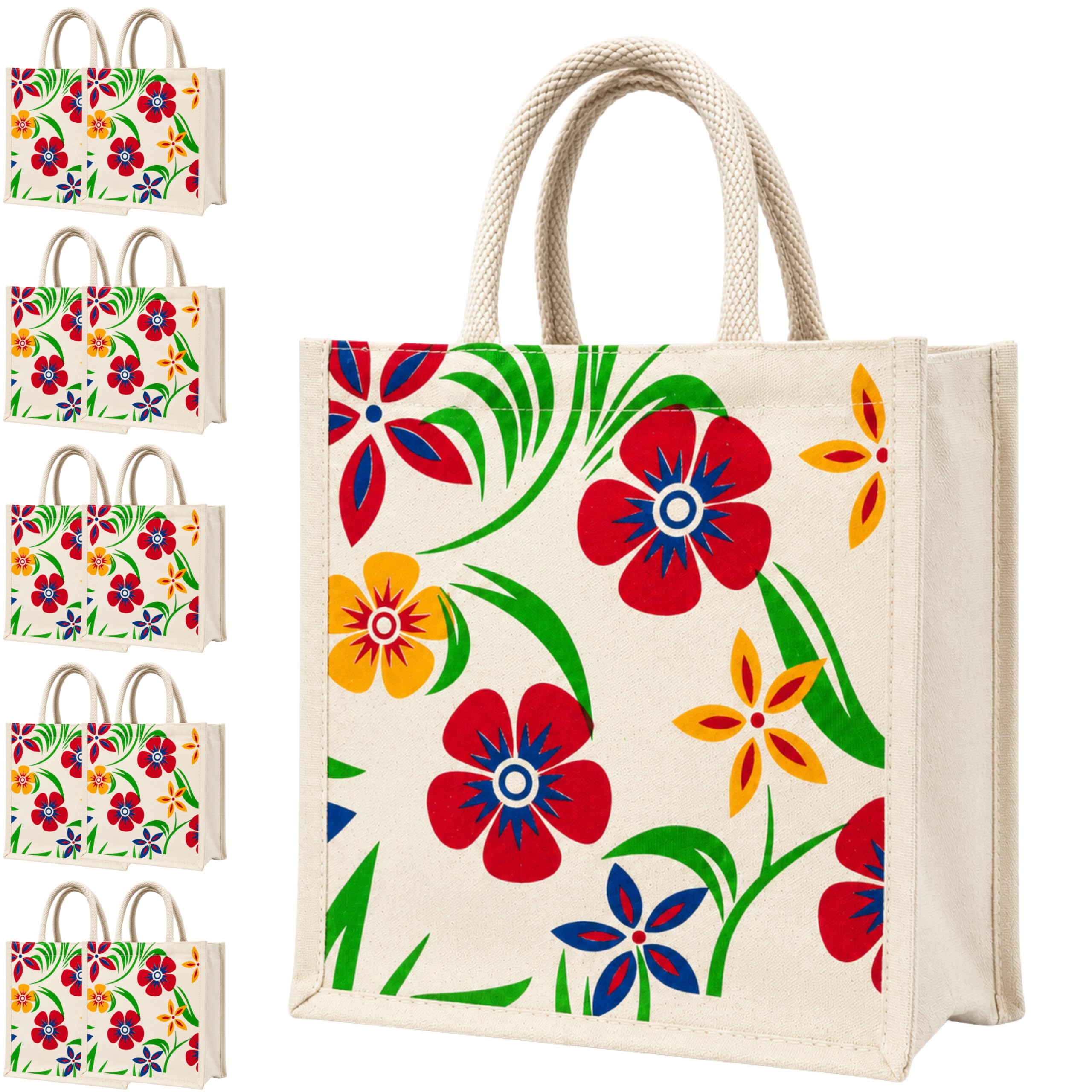 cantainoo Canvas Return Gift Bags for Wedding, Birthday & Festive Functions | Reusable Canvas Tote Bags with Handles(Pack of 10) (Bright Floral Canvas - Velcro_lace)