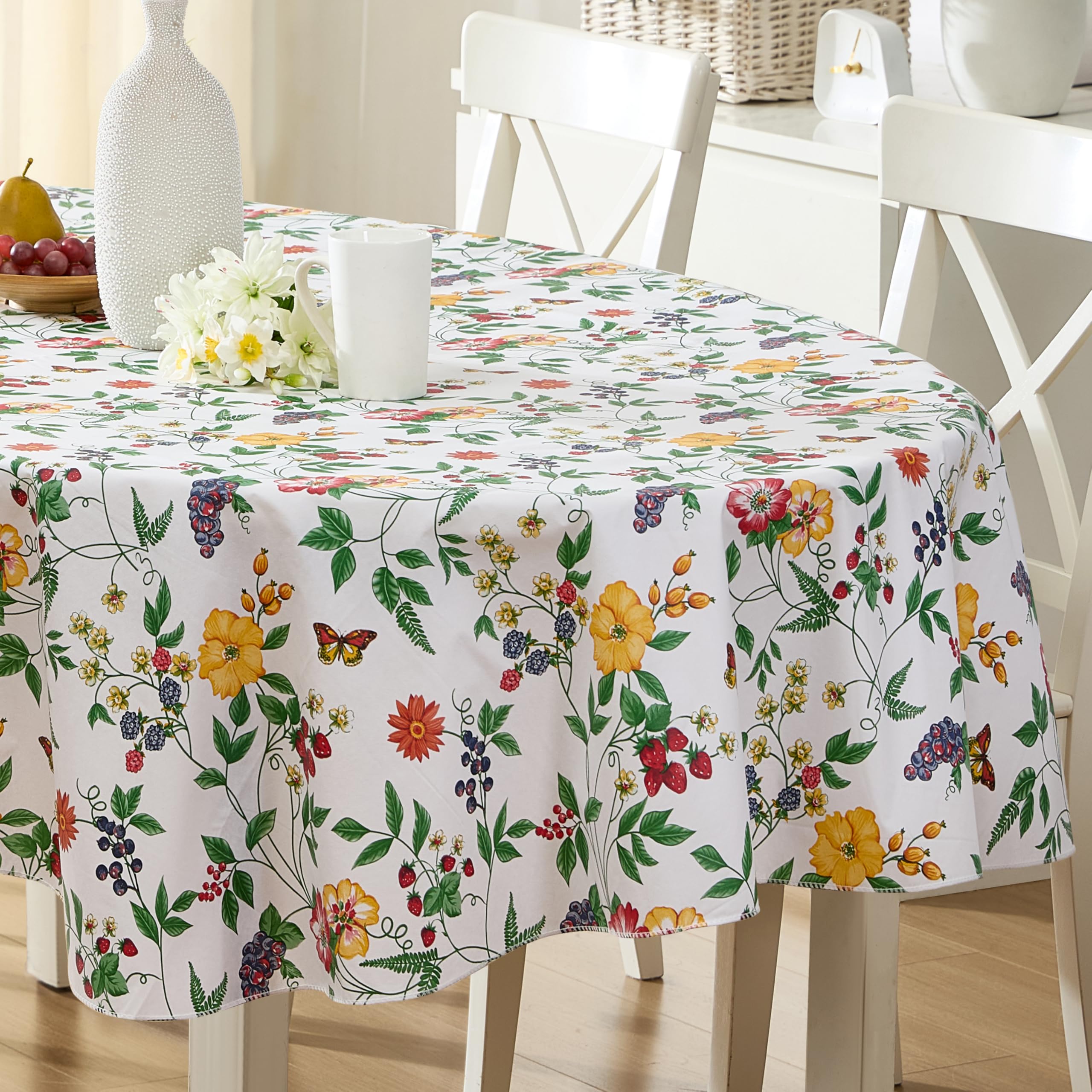 English Berry Garden Heavy 4 Gauge Vinyl Flannel Backed Tablecloth, Strawberry Garden Floral Indoor/Outdoor Wipe Clean Picnic, Kitchen, Dining Room Tablecloth - 60” x 84” Oval
