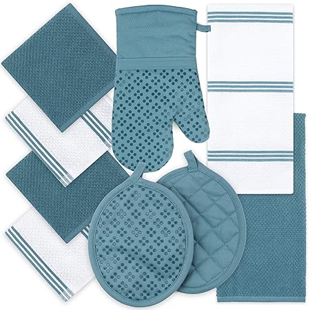 BUYERZONE Silicone Printed Oven Mitt & Pot Holder, Cotton Terry Kitchen Dish Towel & Dishcloth, Blue, 9 Piece Set