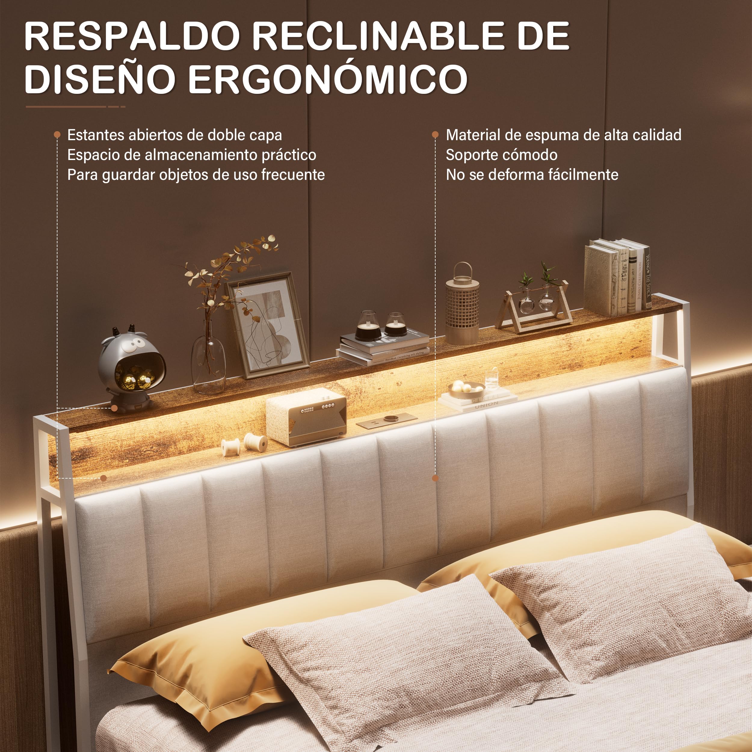DEWINNER Estructura De Cama 140x190 con Iluminación LED, Cama Doble con Cabecero con Espacio De Almacenamiento, con Múltiples Enchufes (1 Toma De CA, 2 Puertos USB), Estructura Robusta