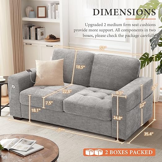 Ihanherry Sofa 70 Inch Loveseat with USB/Type-C Charging Port & Side Pocket, Comfy Modern 2-Seats Sofa for Living Room & Bedroom, Removable Medium Firm Sofa Cushion, Breathable Chenille Fabric, Grey thumbnail 2