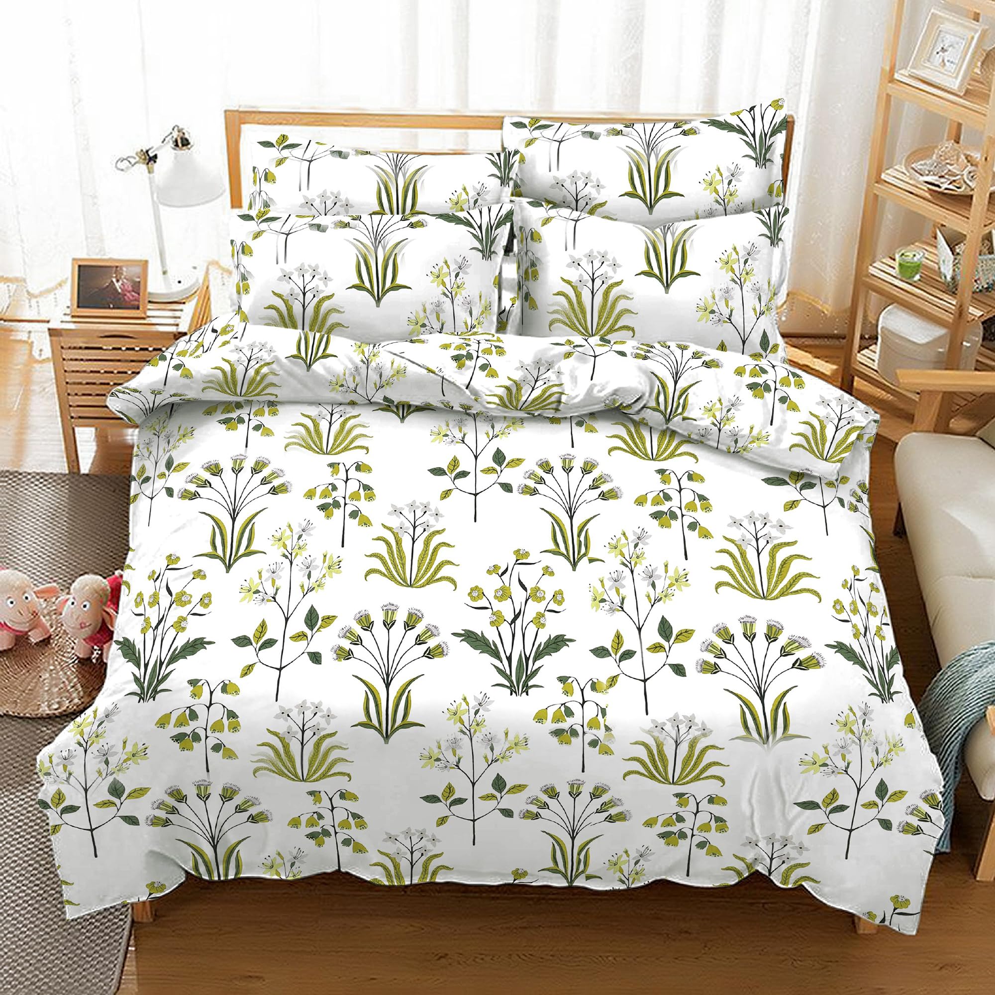 100% Cotton 400 Thread Count Double Duvet Cover Set Printed Floral, Fern Green